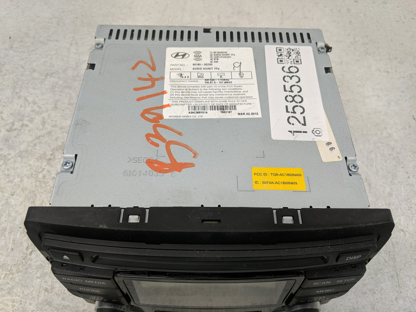 2012-2014 Hyundai Sonata Radio AM FM Cd Player Receiver Replacement P/N:96180-3Q700 Fits Fits 2012 2013 2014 OEM Used Auto P