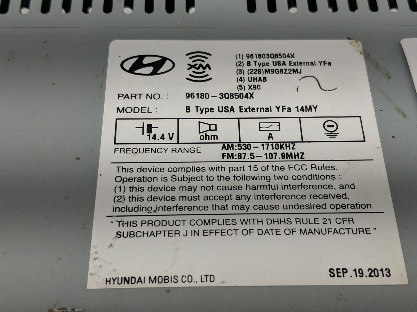 2013-2014 Hyundai Sonata Radio AM FM Cd Player Receiver Replacement P/N:96180-3Q8504X Fits Fits 2013 2014 OEM Used Auto Part