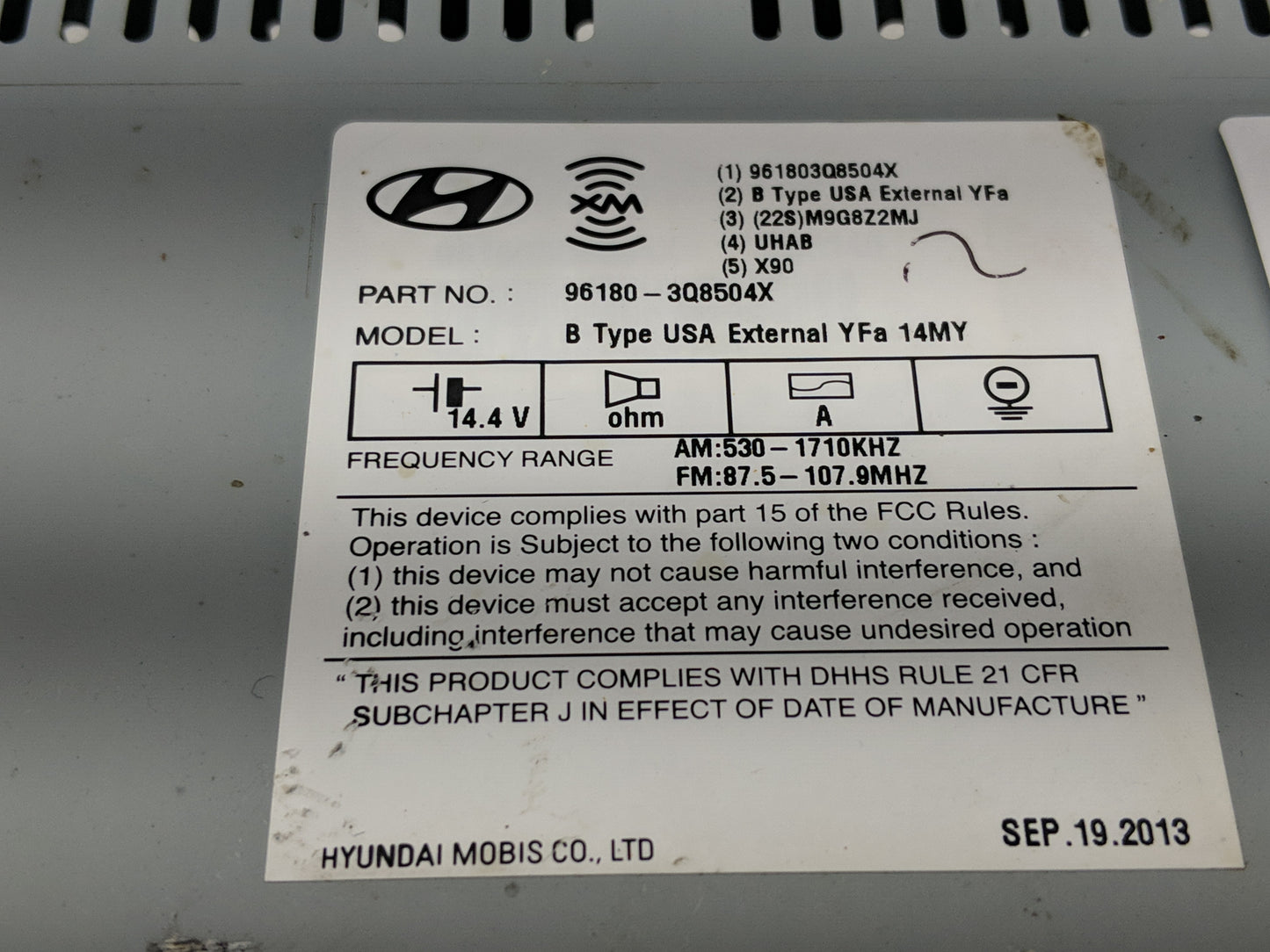 2013-2014 Hyundai Sonata Radio AM FM Cd Player Receiver Replacement P/N:96180-3Q8504X Fits Fits 2013 2014 OEM Used Auto Part