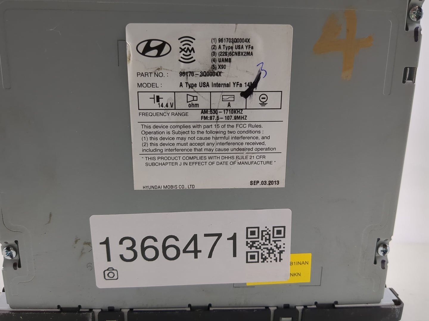 2013-2014 Hyundai Sonata Radio AM FM Cd Player Receiver Replacement P/N:96170-3Q0004X Fits Fits 2013 2014 OEM Used Auto Part