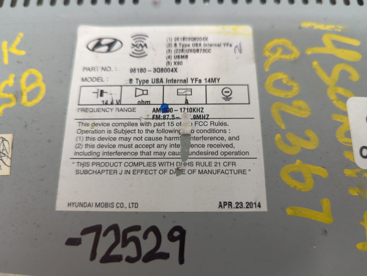 2013-2014 Hyundai Sonata Radio AM FM Cd Player Receiver Replacement P/N:96180-3Q8004X Fits Fits 2013 2014 OEM Used Auto Part