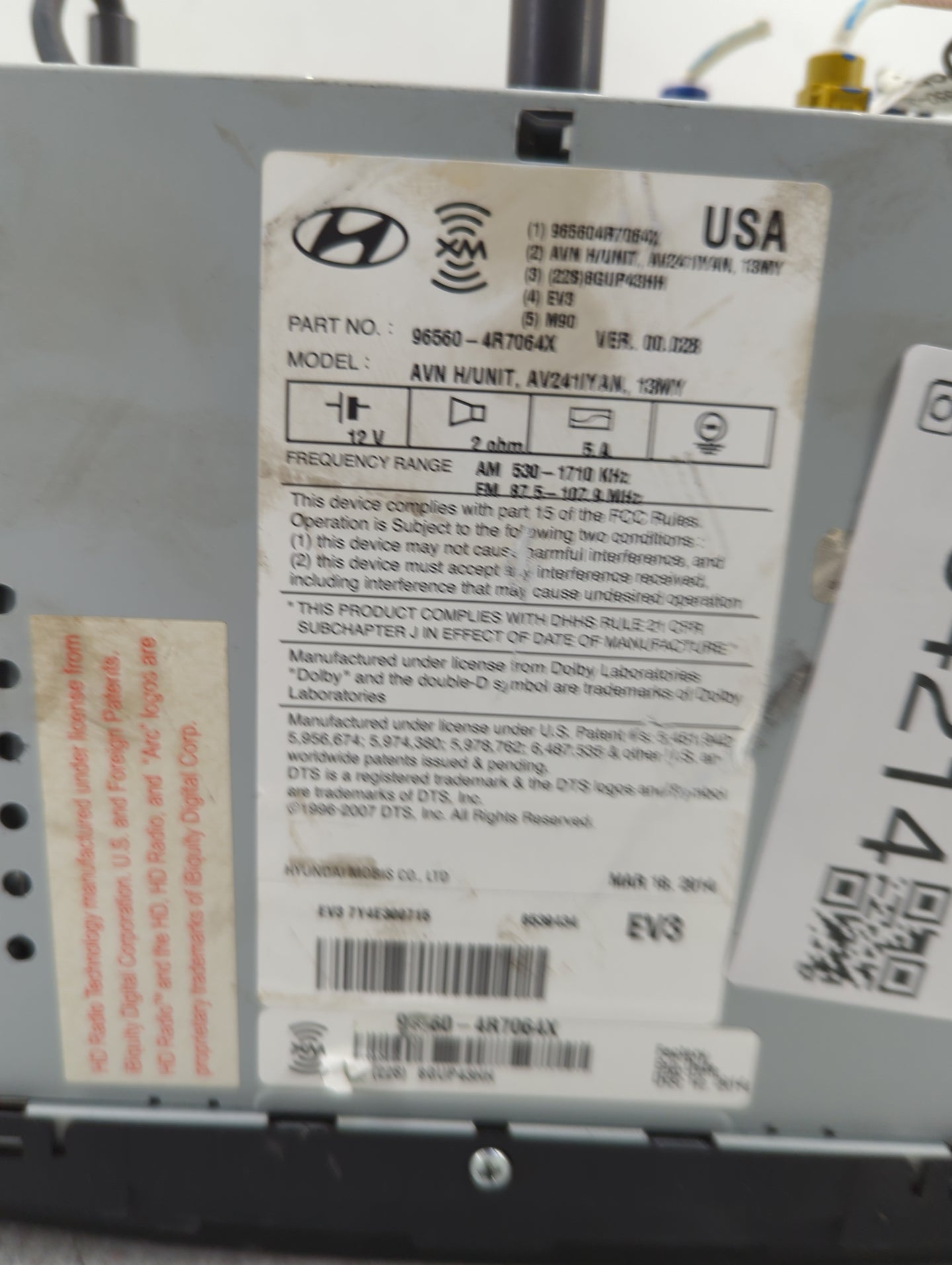 2011-2015 Hyundai Sonata Radio AM FM Cd Player Receiver Replacement P/N:96560-4R7064X AV241IYAN Fits Fits 2011 2012 2013 201