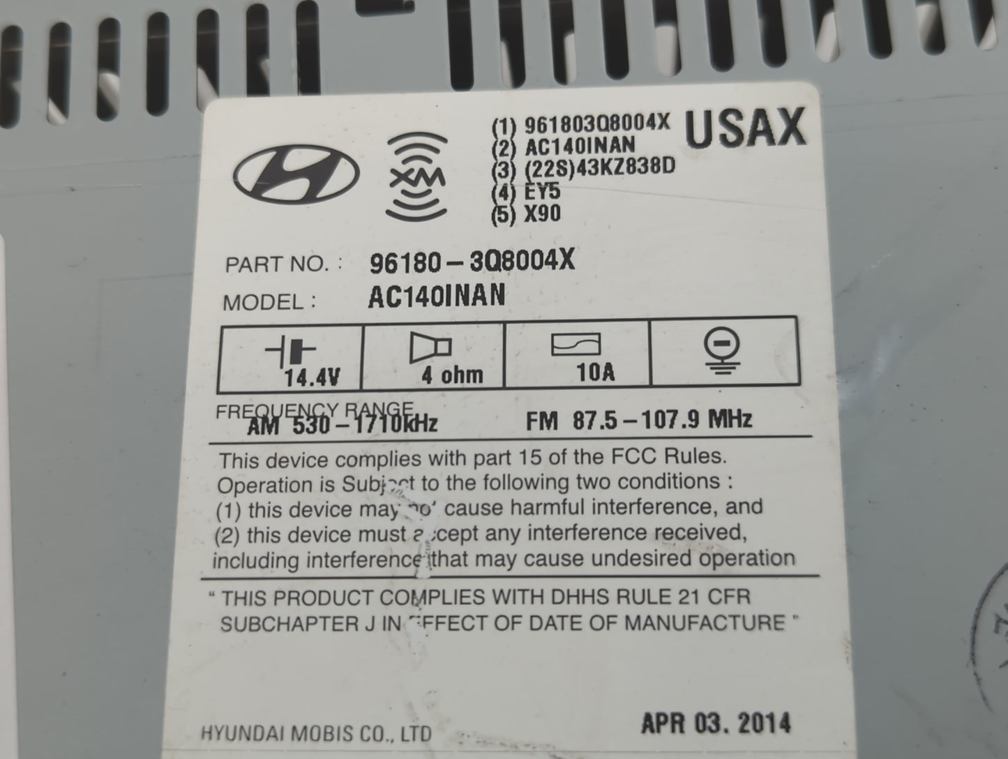 2014-2015 Hyundai Sonata Radio AM FM Cd Player Receiver Replacement P/N:96180-3Q8004X Fits Fits 2014 2015 OEM Used Auto Part