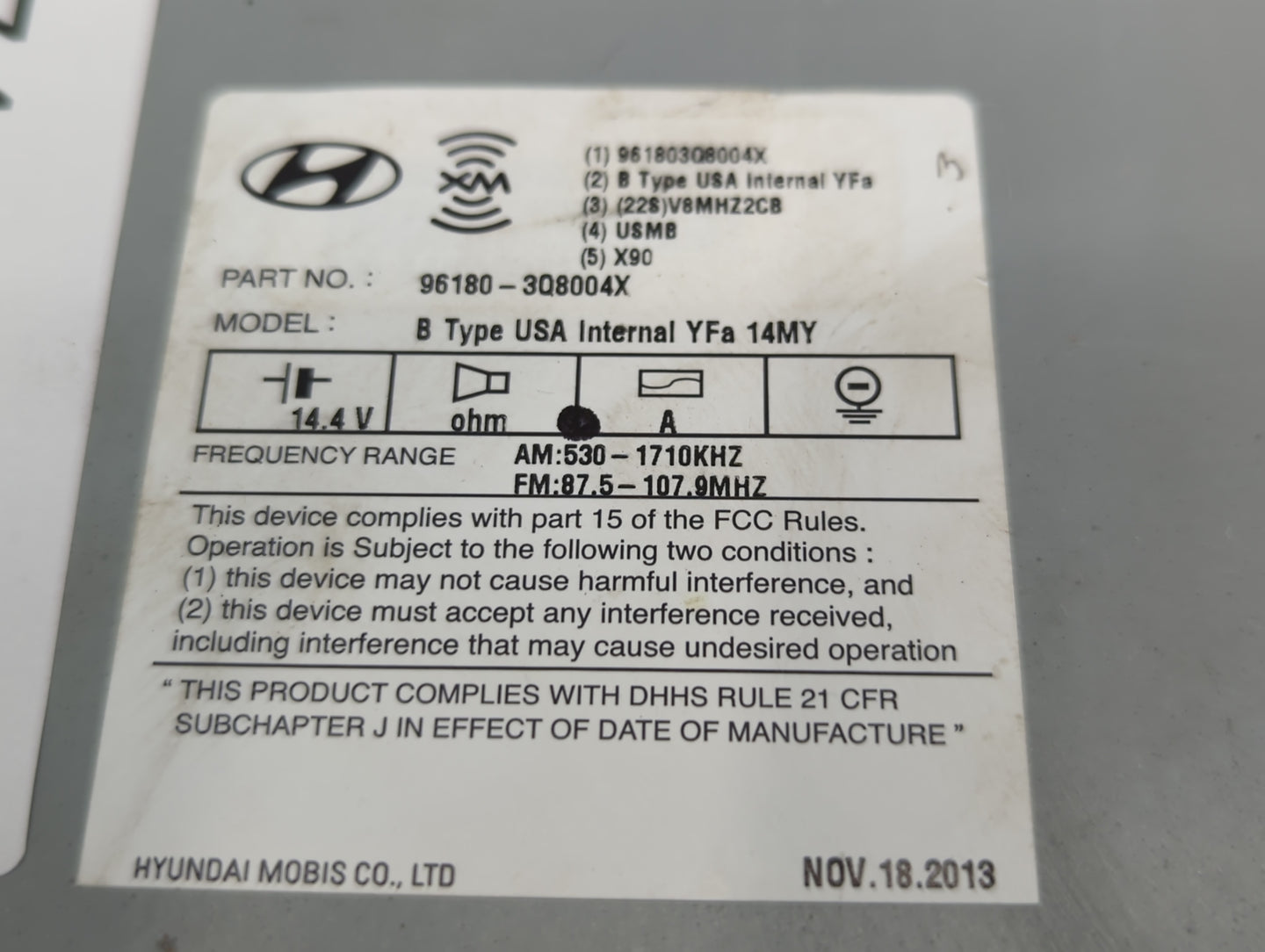 2014-2015 Hyundai Sonata Radio AM FM Cd Player Receiver Replacement P/N:96180-3Q8004X Fits Fits 2014 2015 OEM Used Auto Part