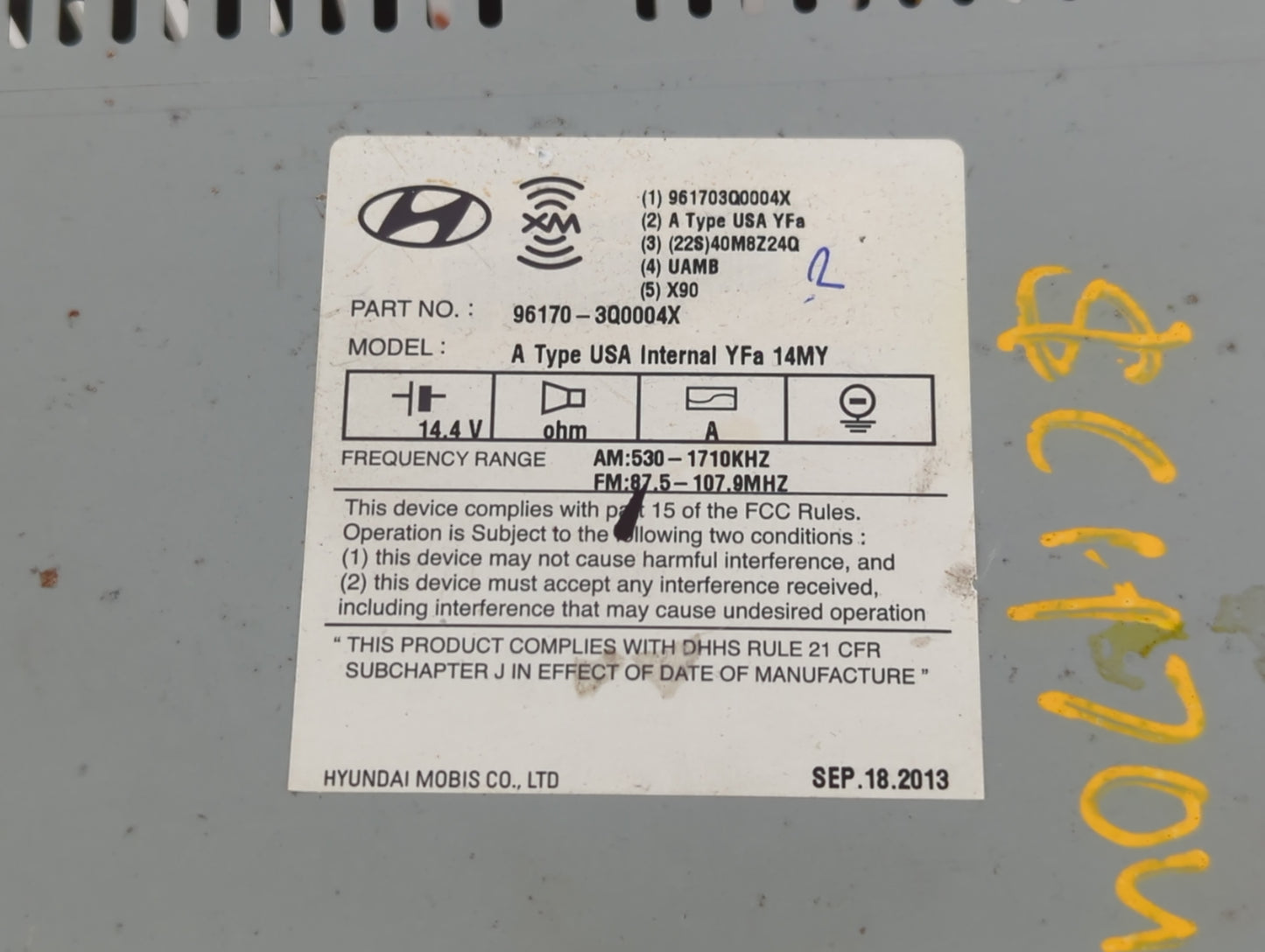 2013-2014 Hyundai Sonata Radio AM FM Cd Player Receiver Replacement P/N:96170-3Q0004X Fits Fits 2013 2014 OEM Used Auto Part