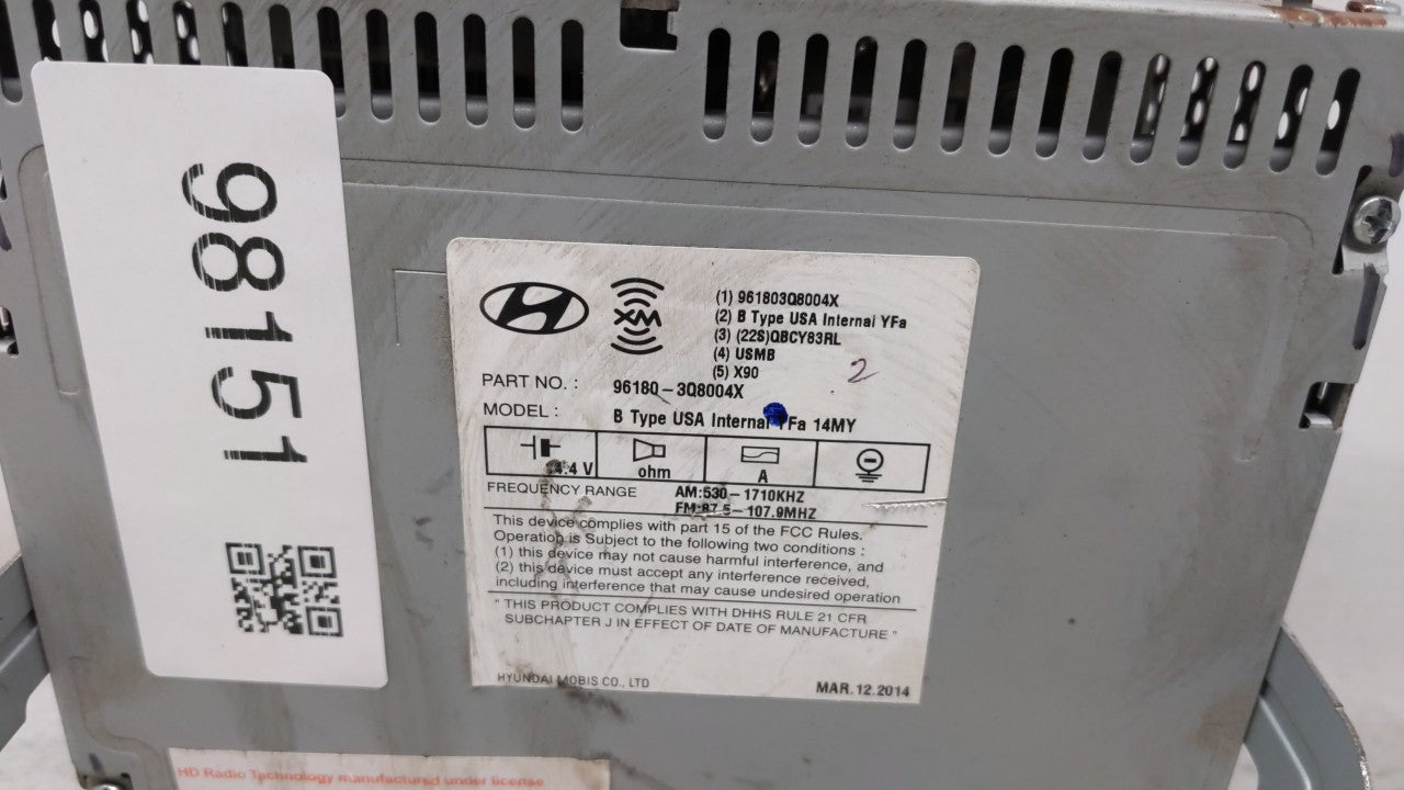 2014-2015 Hyundai Sonata Radio AM FM Cd Player Receiver Replacement P/N:96180-3Q8004X Fits Fits 2014 2015 OEM Used Auto Part