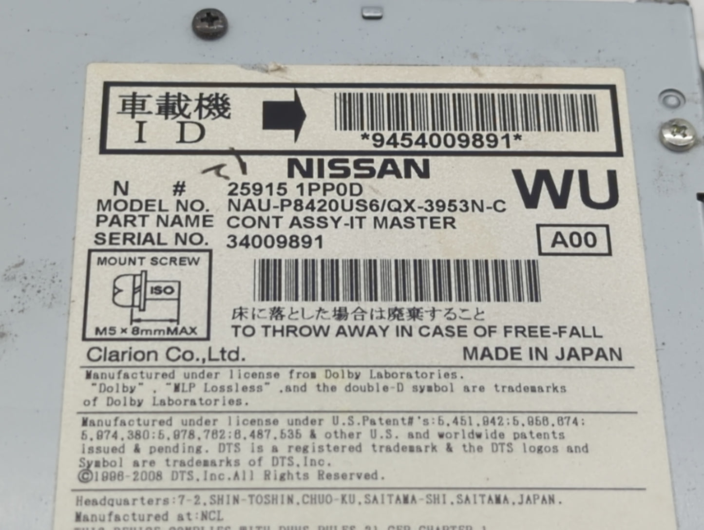 2014 Infiniti Qx80 Radio AM FM Cd Player Receiver Replacement P/N:25915 1PP0D Fits Fits 2013 OEM Used Auto Parts - Oemusedau