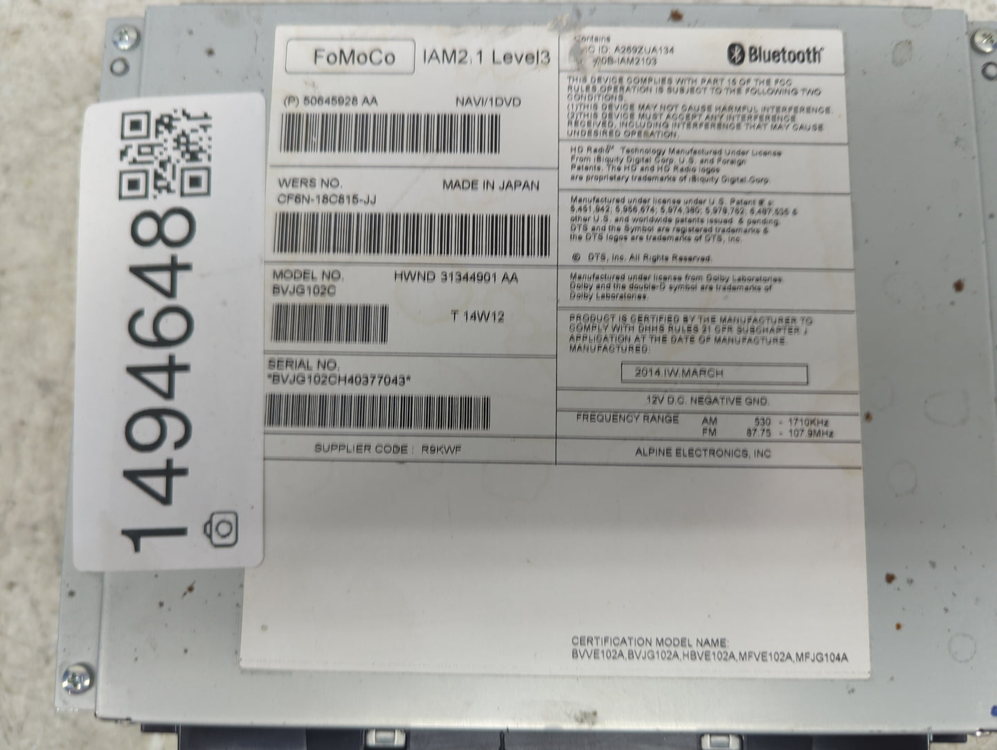 2014 Jaguar Xj Radio AM FM Cd Player Receiver Replacement P/N:CF6N-18C815-JJ BVJG102C, HWND31344901AA Fits Fits 2015 2016 OE