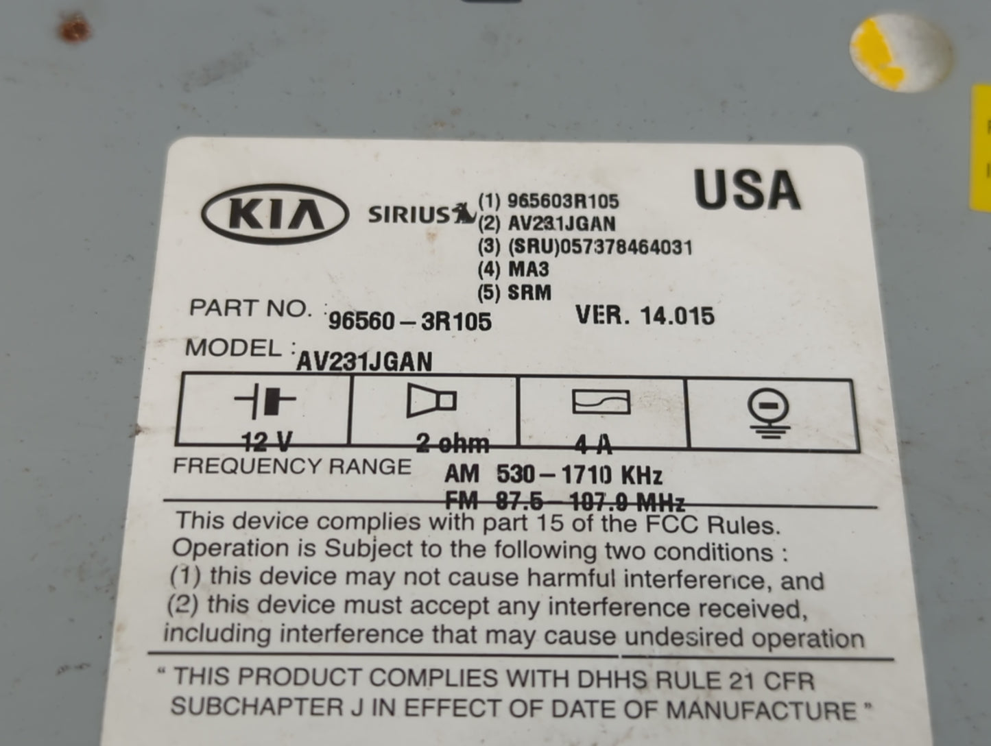 2014-2015 Kia Cadenza Radio AM FM Cd Player Receiver Replacement P/N:96560-3R105 Fits Fits 2014 2015 OEM Used Auto Parts - O