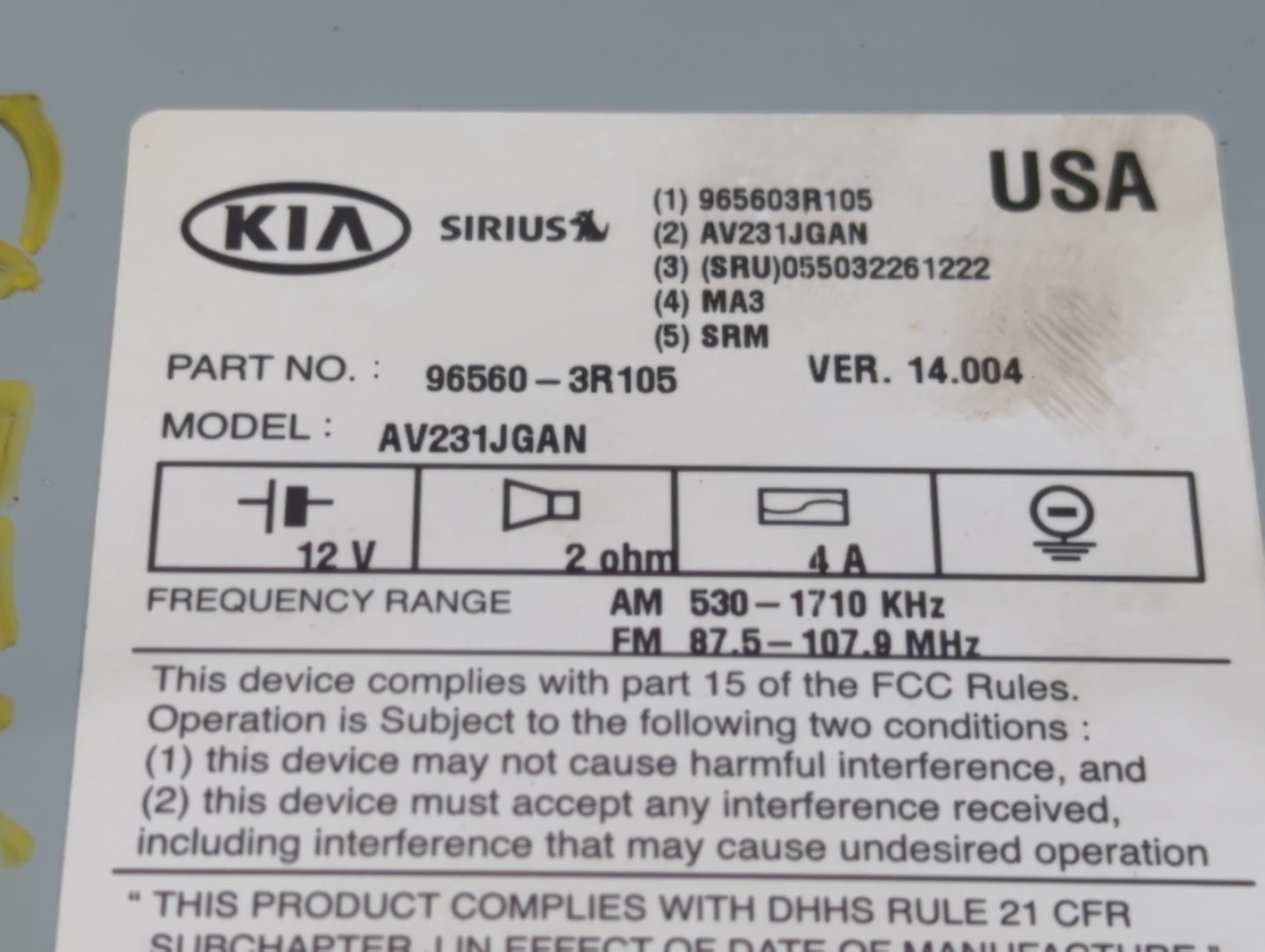 2014-2015 Kia Cadenza Radio AM FM Cd Player Receiver Replacement P/N:96560-3R105 Fits Fits 2014 2015 OEM Used Auto Parts - O