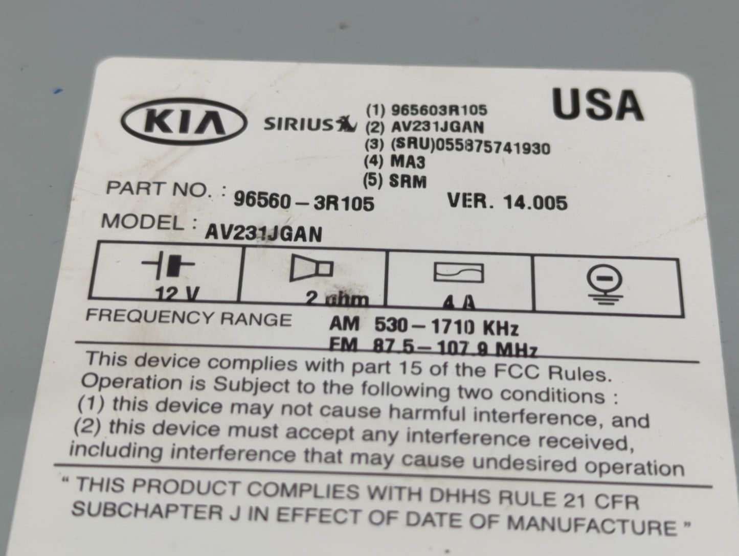 2014-2016 Kia Cadenza Radio AM FM Cd Player Receiver Replacement P/N:96560-3R105 Fits Fits 2014 2015 2016 OEM Used Auto Part