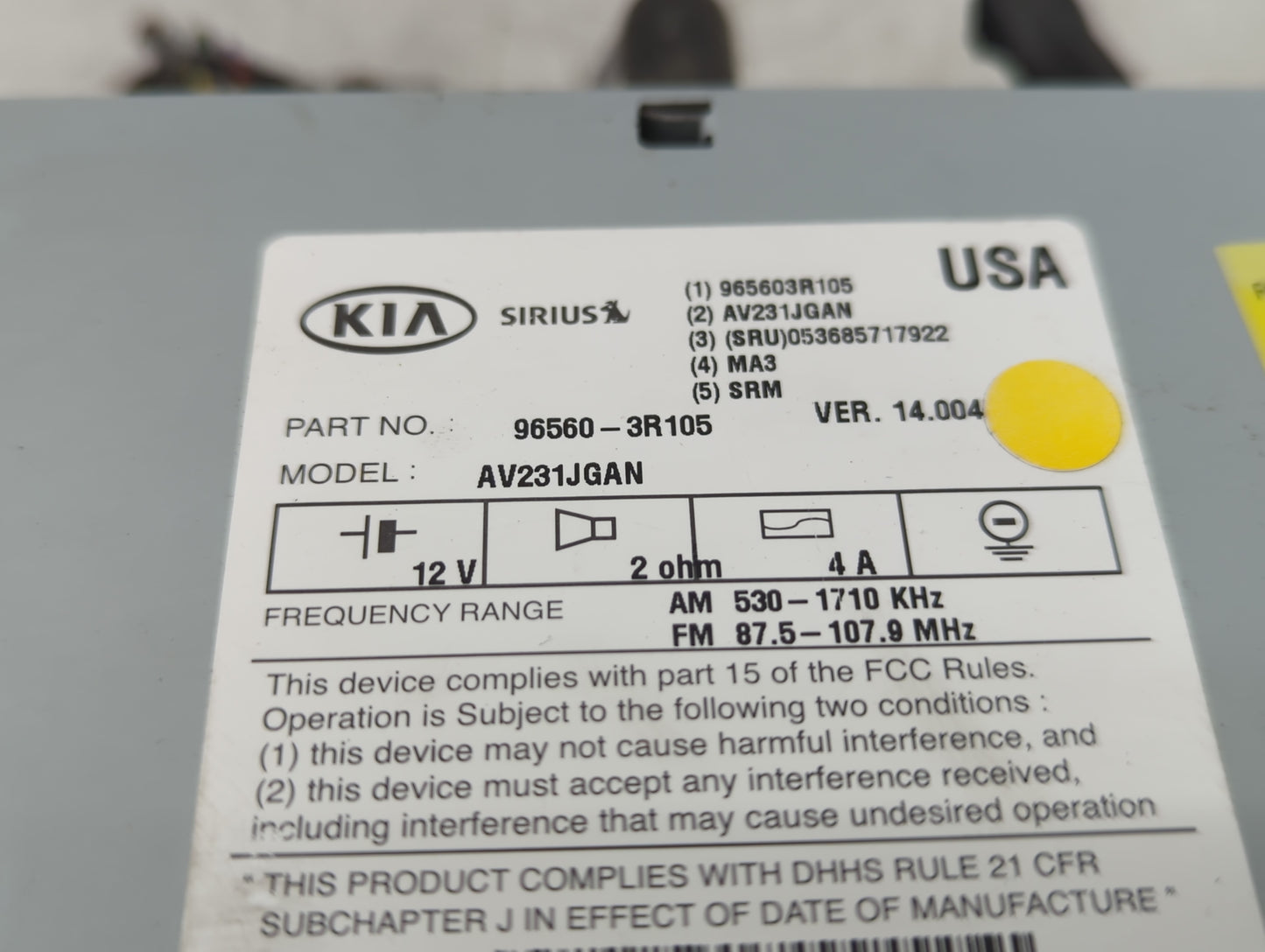 2014-2015 Kia Cadenza Radio AM FM Cd Player Receiver Replacement P/N:96560-3R105 Fits Fits 2014 2015 OEM Used Auto Parts - O