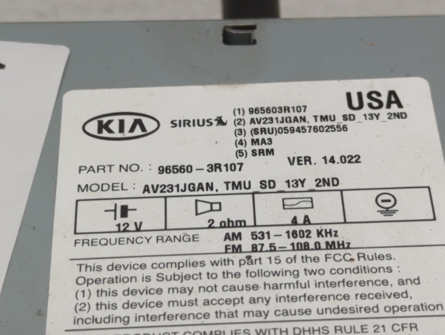 2014-2015 Kia Cadenza Radio AM FM Cd Player Receiver Replacement P/N:96560-3R107 Fits Fits 2014 2015 OEM Used Auto Parts - O