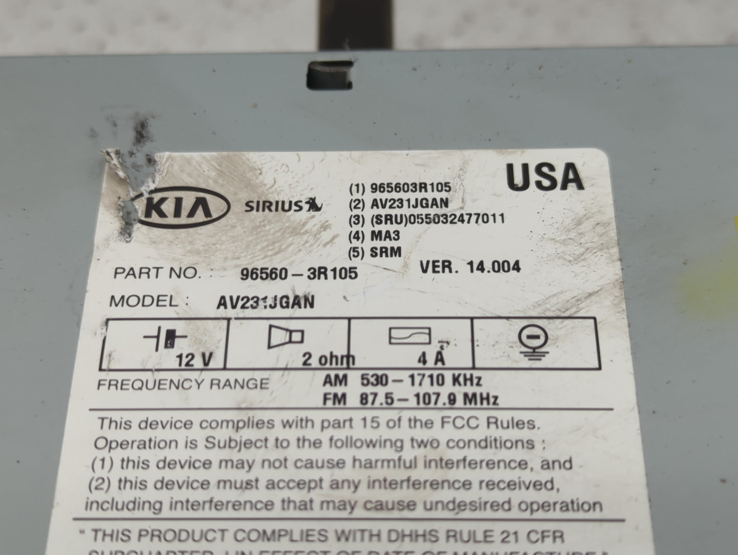 2014-2015 Kia Cadenza Radio AM FM Cd Player Receiver Replacement P/N:96560-3R105 Fits Fits 2014 2015 OEM Used Auto Parts - O