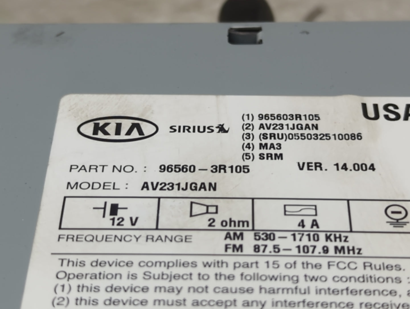 2014-2015 Kia Cadenza Radio AM FM Cd Player Receiver Replacement P/N:965603R105 AV231JGAN Fits Fits 2014 2015 OEM Used Auto 