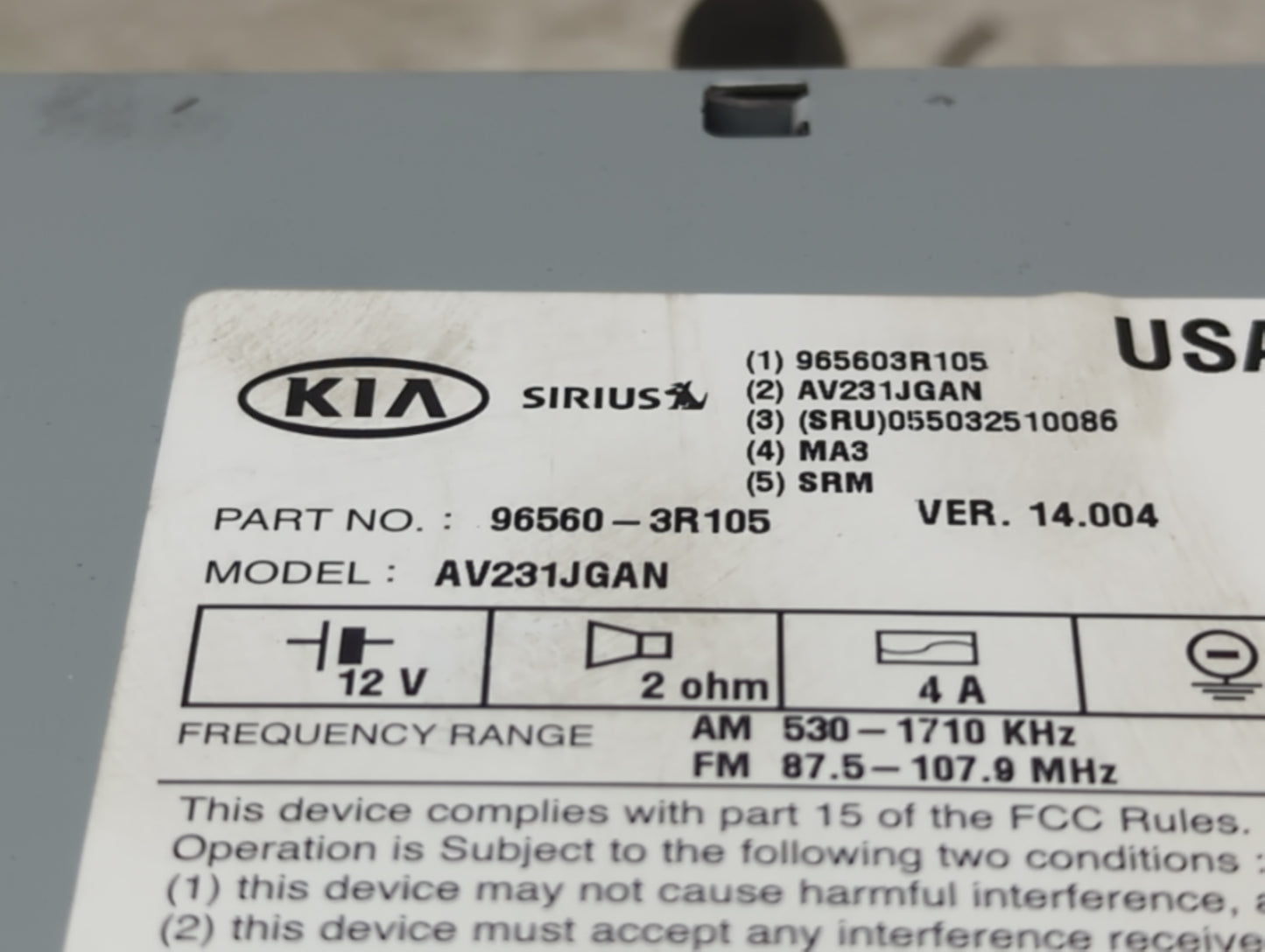 2014-2015 Kia Cadenza Radio AM FM Cd Player Receiver Replacement P/N:965603R105 AV231JGAN Fits Fits 2014 2015 OEM Used Auto 