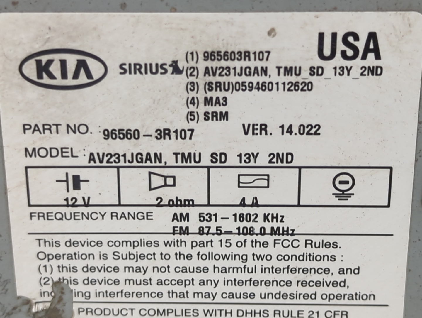 2014-2015 Kia Cadenza Radio AM FM Cd Player Receiver Replacement P/N:96560-3R107 965603R107, AV231JGAN Fits Fits 2014 2015 O