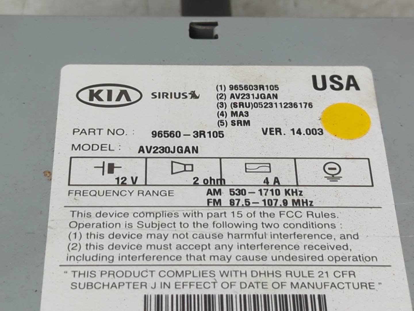 2014-2015 Kia Cadenza Radio AM FM Cd Player Receiver Replacement P/N:96560-3R105 Fits Fits 2014 2015 OEM Used Auto Parts - O