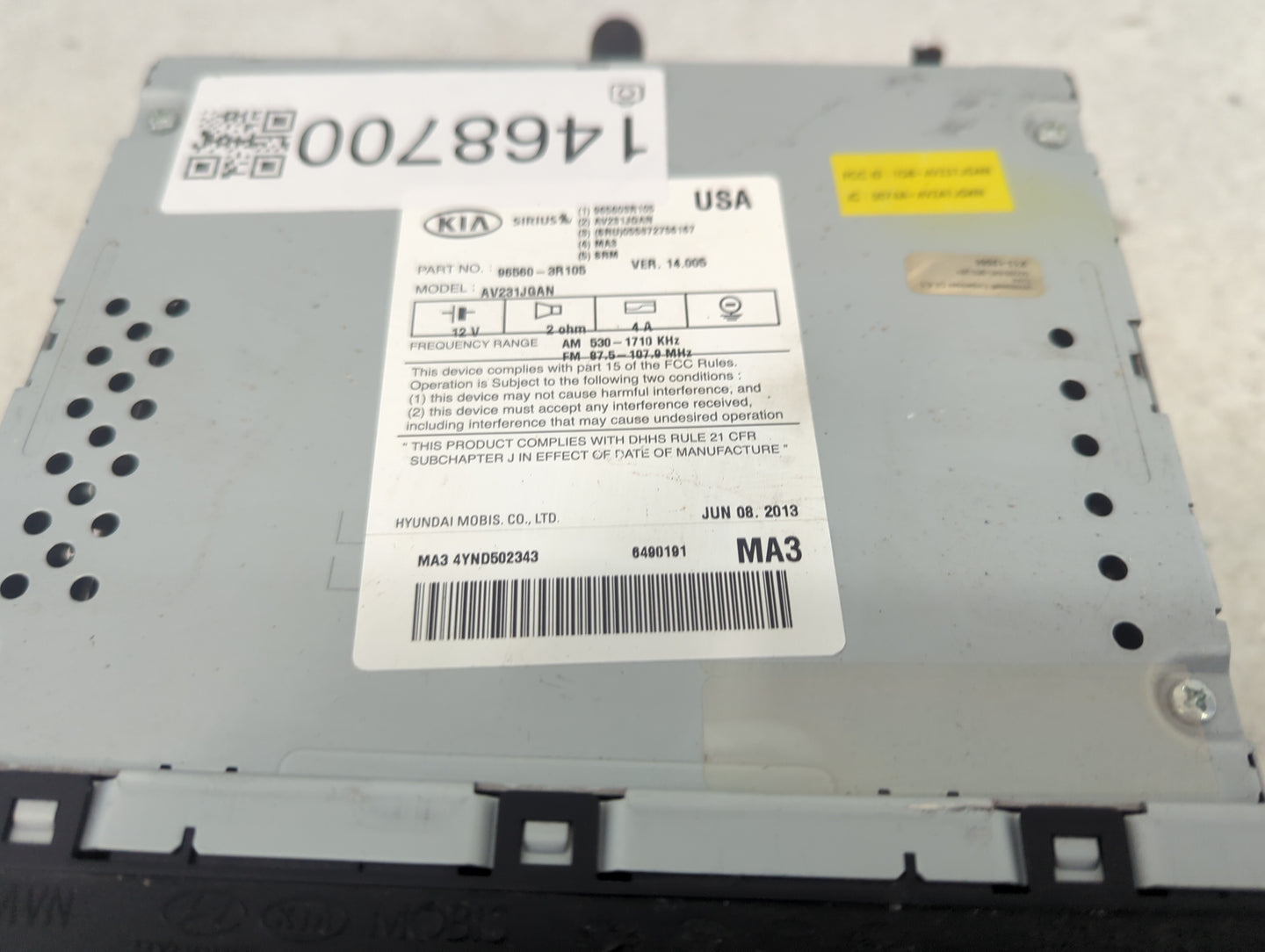 2014-2015 Kia Cadenza Radio AM FM Cd Player Receiver Replacement P/N:96560-3R105 AV231JGAN Fits Fits 2014 2015 OEM Used Auto