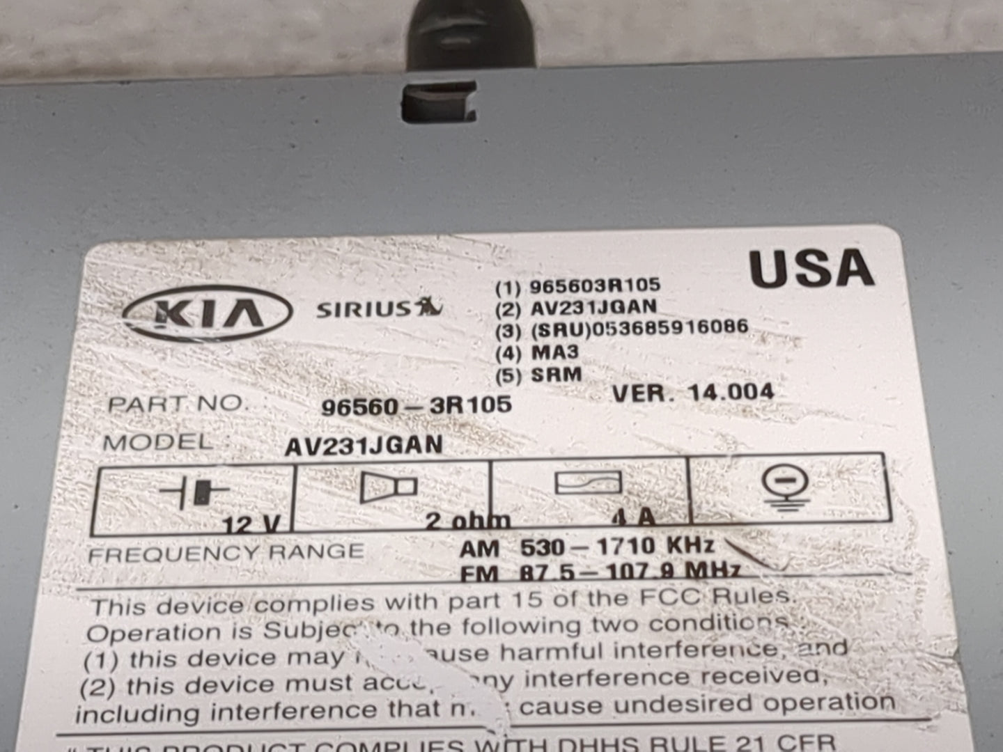 2014-2015 Kia Cadenza Radio AM FM Cd Player Receiver Replacement P/N:96560-3R105 AV231JGAN, 965603R105 Fits Fits 2014 2015 O