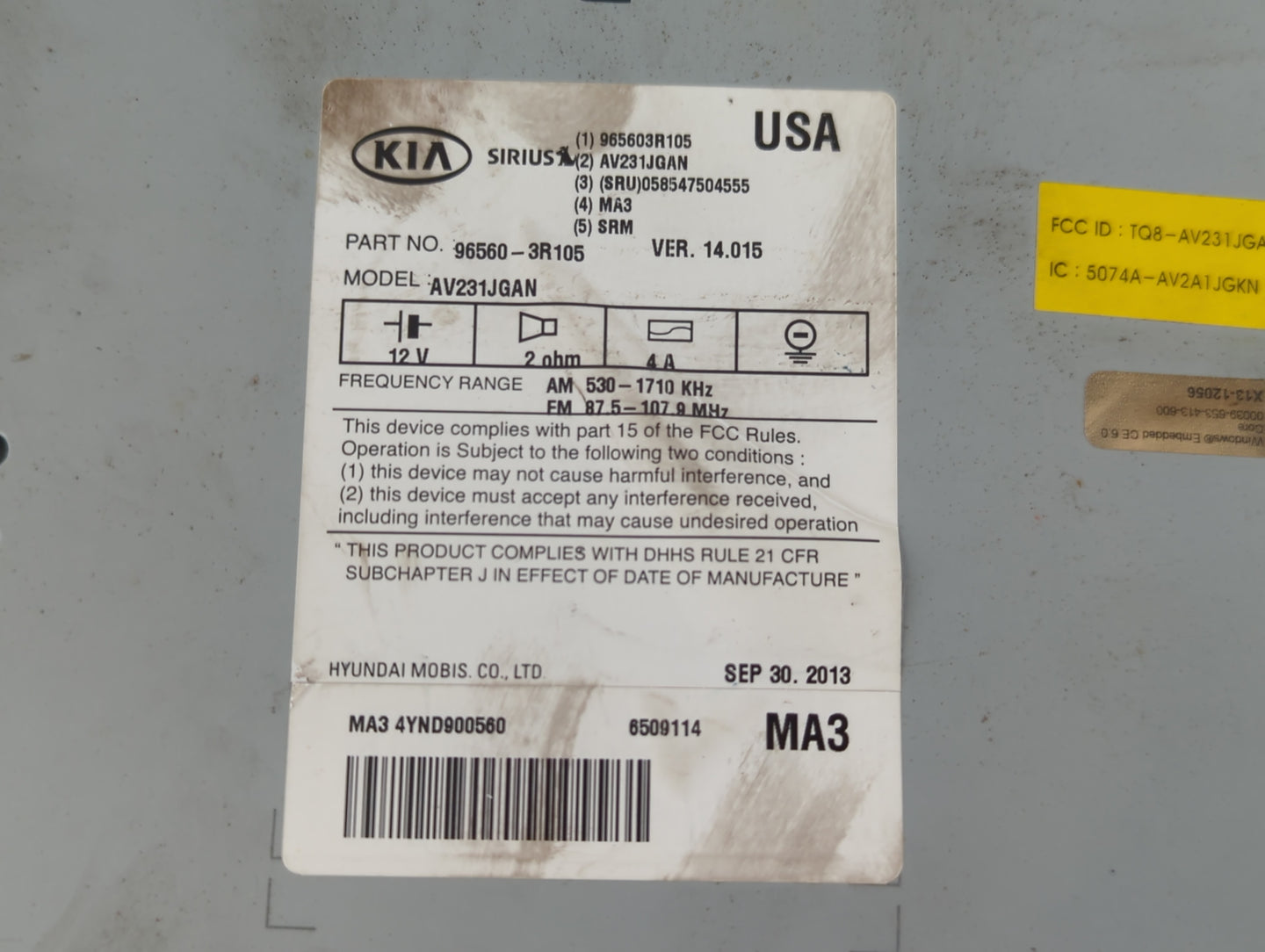 2014-2015 Kia Cadenza Am Fm Cd Player Radio Receiver - Oemusedautoparts1.com