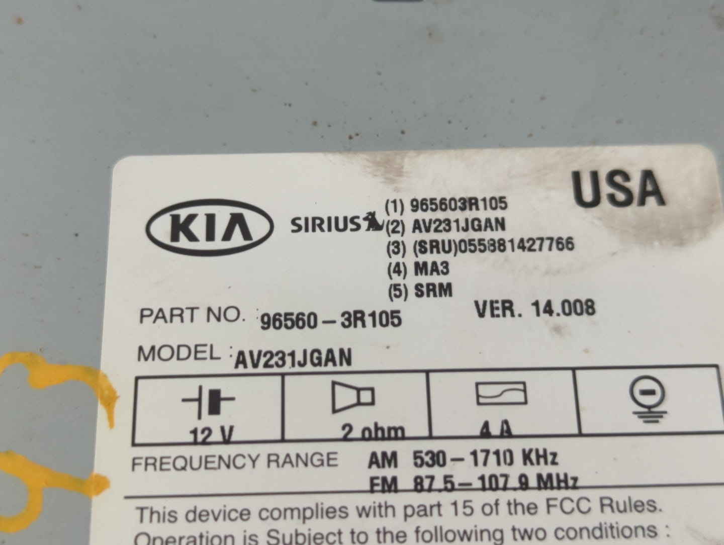 2014-2015 Kia Cadenza Radio AM FM Cd Player Receiver Replacement P/N:96560-3R105 Fits Fits 2014 2015 OEM Used Auto Parts - O