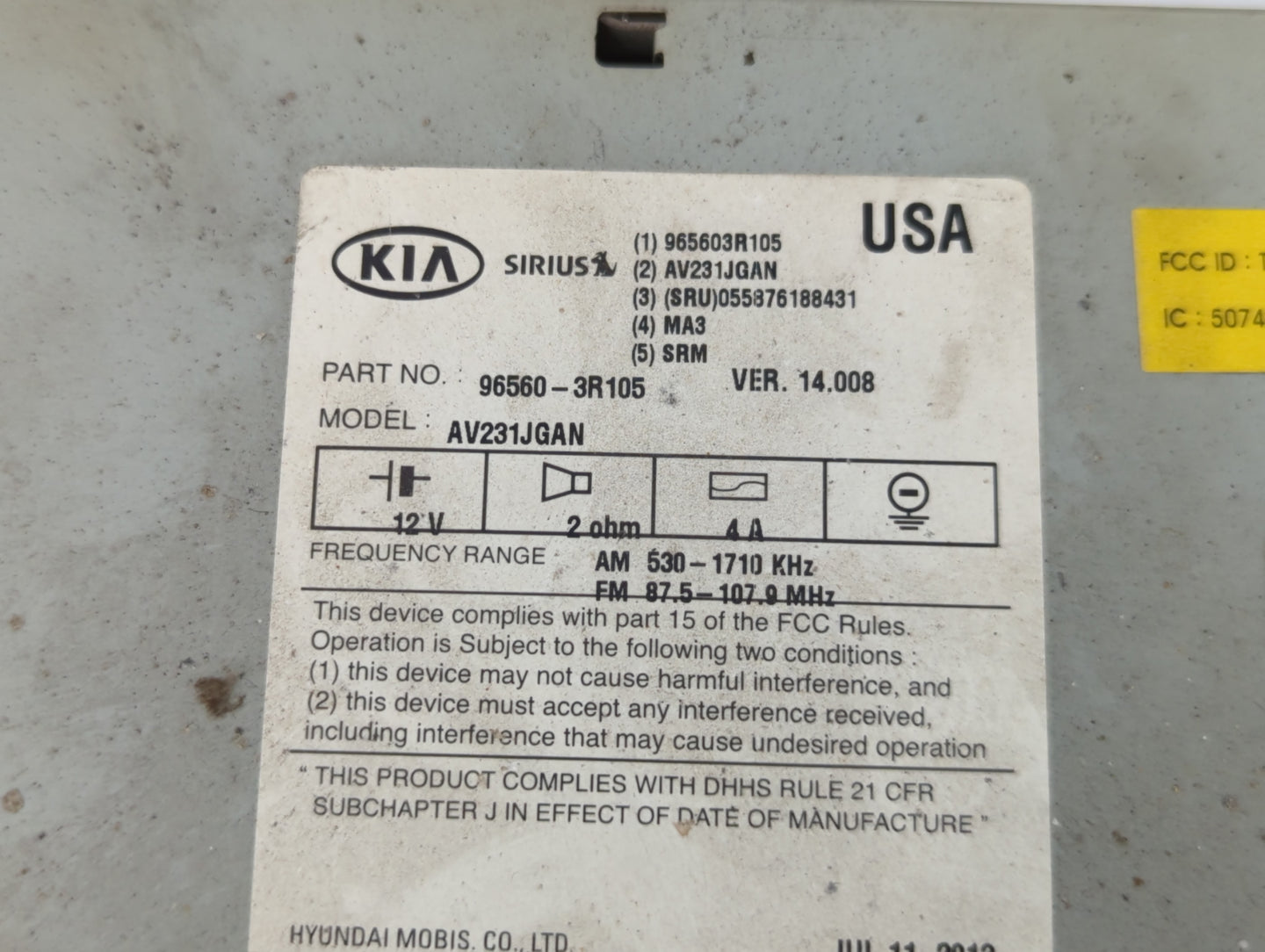 2014-2015 Kia Cadenza Radio AM FM Cd Player Receiver Replacement P/N:96560-3R105 Fits Fits 2014 2015 OEM Used Auto Parts - O