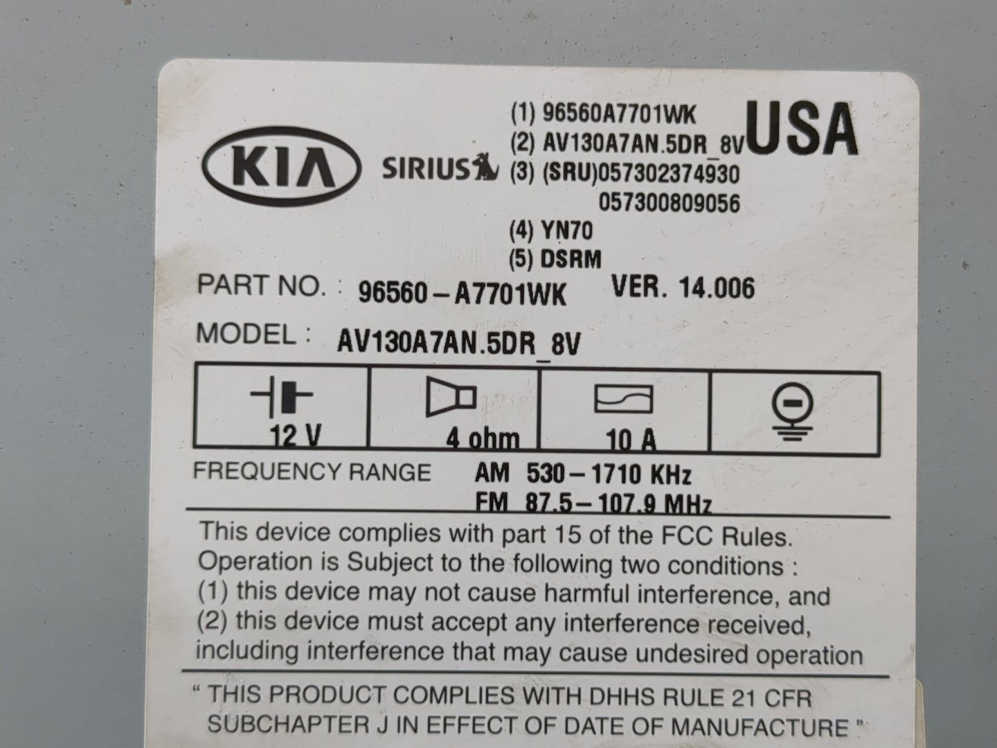 2014-2016 Kia Forte Radio AM FM Cd Player Receiver Replacement P/N:96560-A7701WK Fits Fits 2014 2015 2016 OEM Used Auto Part