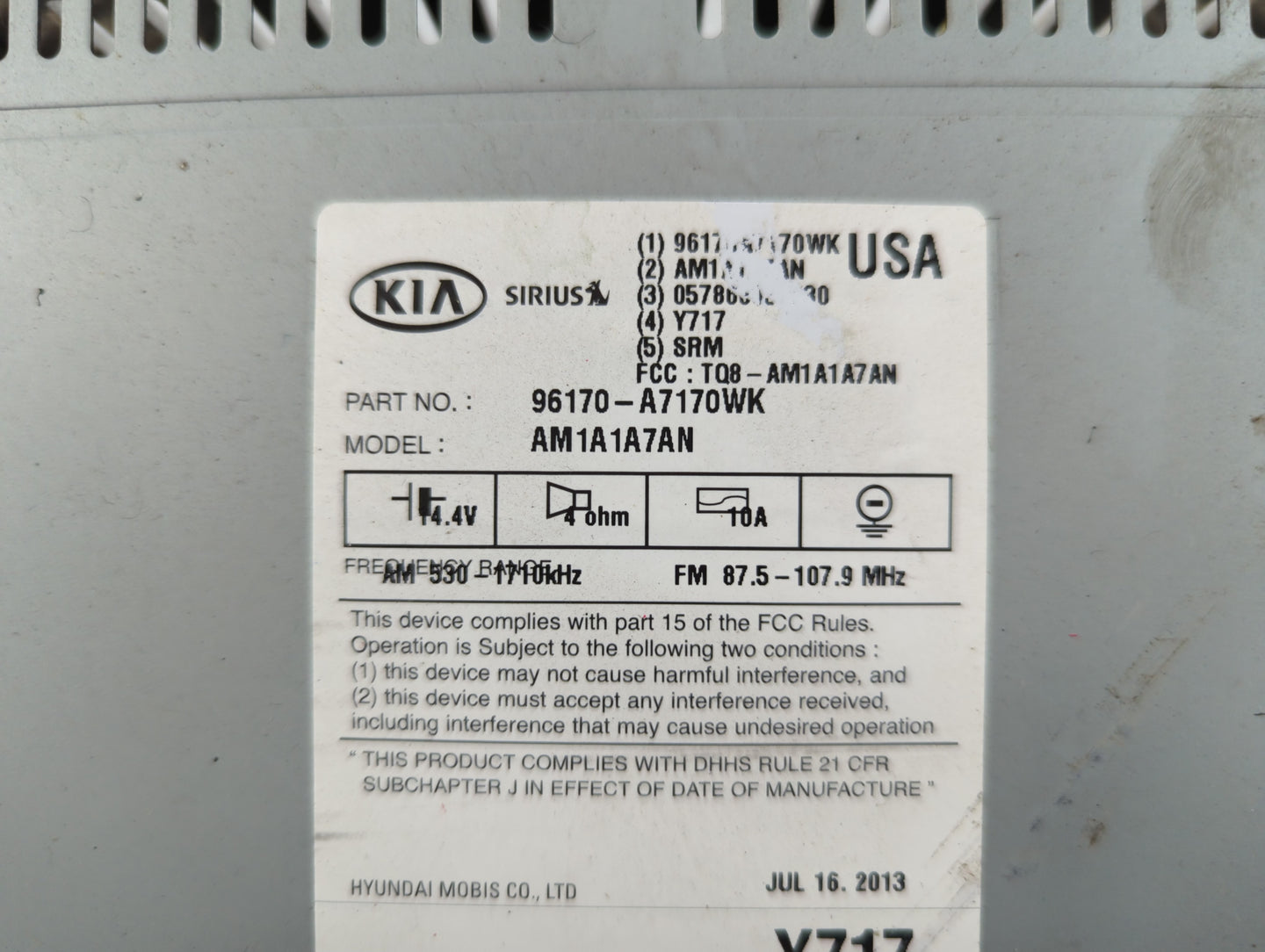 2014-2016 Kia Forte Radio AM FM Cd Player Receiver Replacement P/N:96170-A7170WK Fits Fits 2014 2015 2016 OEM Used Auto Part