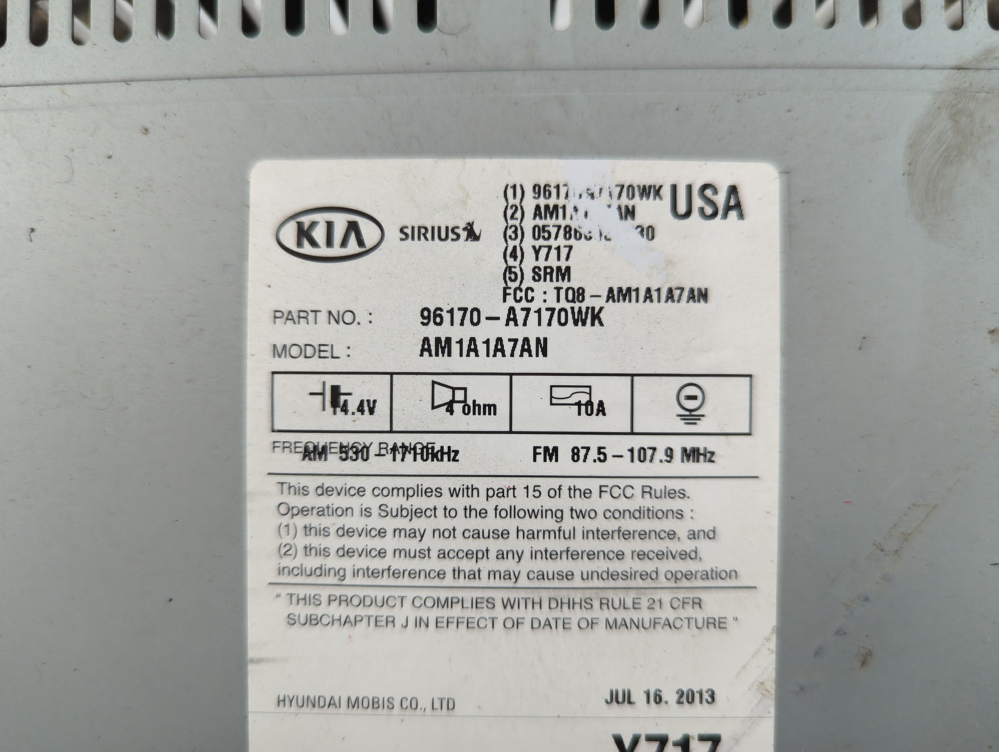 2014-2016 Kia Forte Radio AM FM Cd Player Receiver Replacement P/N:96170-A7170WK Fits Fits 2014 2015 2016 OEM Used Auto Part
