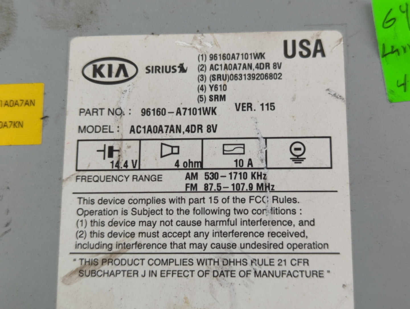 2014-2016 Kia Forte Radio AM FM Cd Player Receiver Replacement P/N:96160-A7101WK Fits Fits 2014 2015 2016 OEM Used Auto Part
