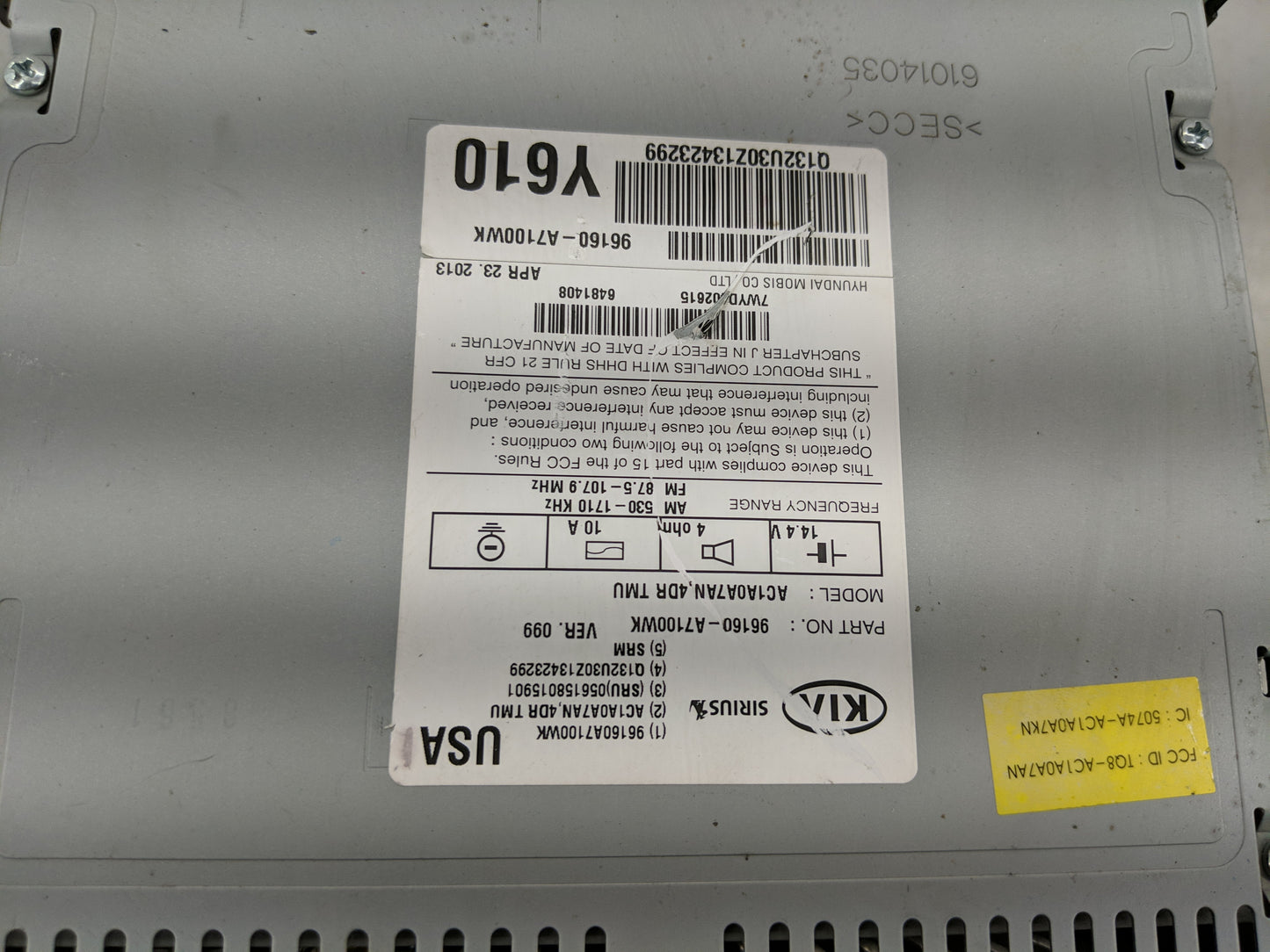 2014 Kia Forte Radio AM FM Cd Player Receiver Replacement P/N:96160-A7100WK Fits OEM Used Auto Parts - Oemusedautoparts1.com