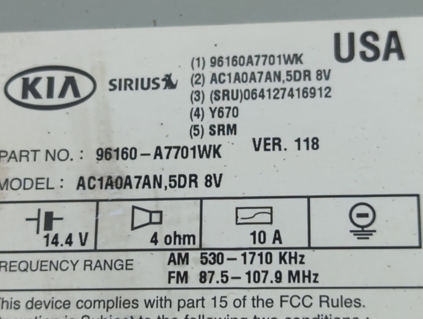 2014-2016 Kia Forte Radio AM FM Cd Player Receiver Replacement P/N:96160-A7701WK Fits Fits 2014 2015 2016 OEM Used Auto Part