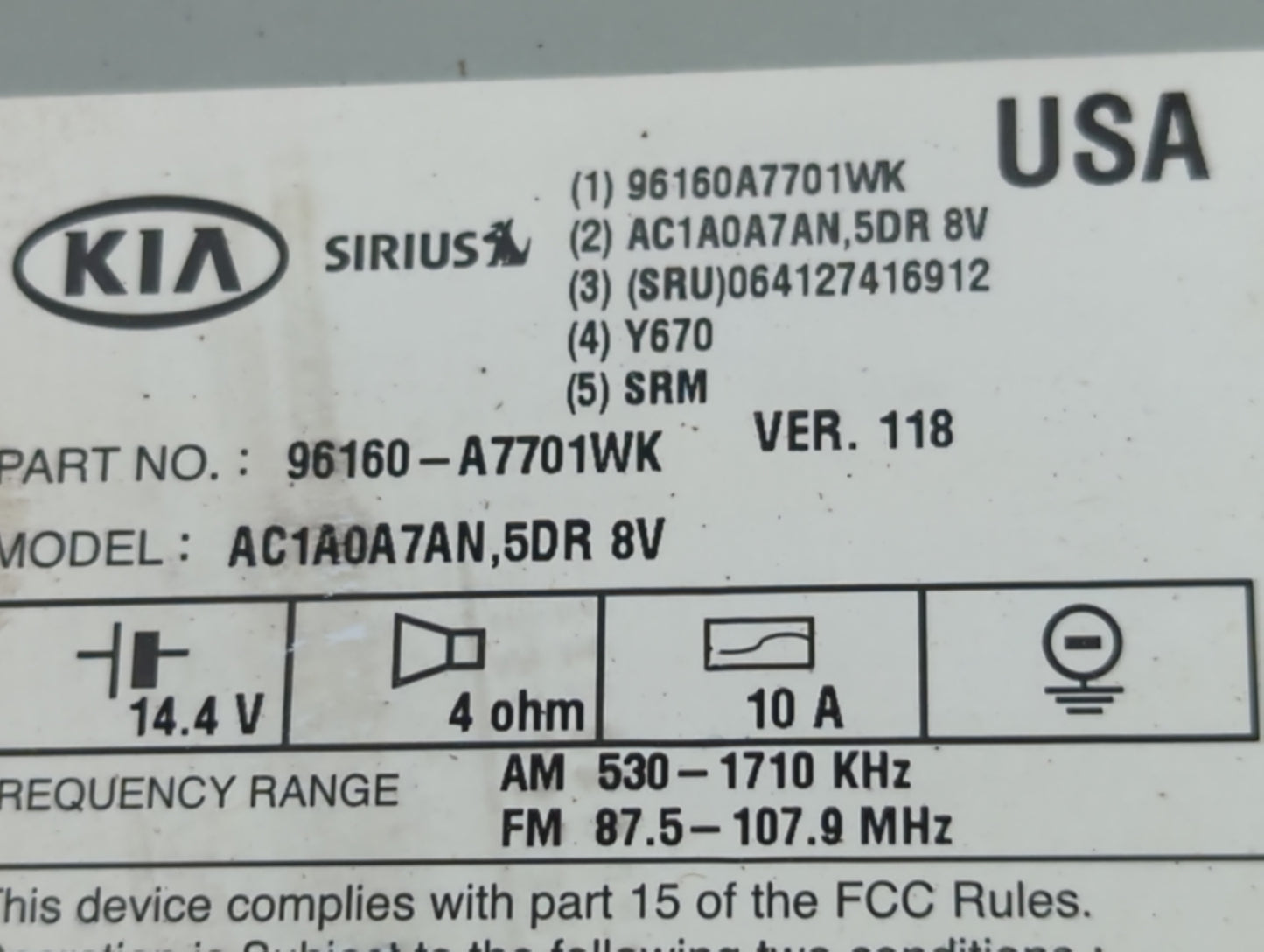 2014-2016 Kia Forte Radio AM FM Cd Player Receiver Replacement P/N:96160-A7701WK Fits Fits 2014 2015 2016 OEM Used Auto Part