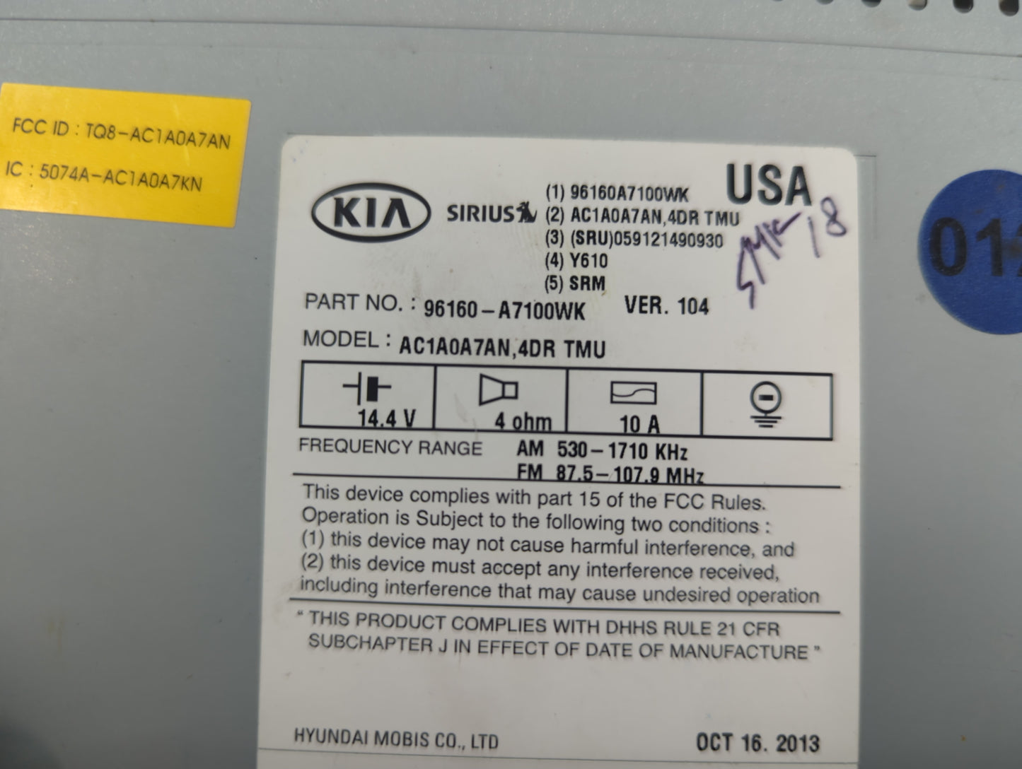 2014-2016 Kia Forte Radio AM FM Cd Player Receiver Replacement P/N:96160-A7100WK Fits Fits 2014 2015 2016 OEM Used Auto Part