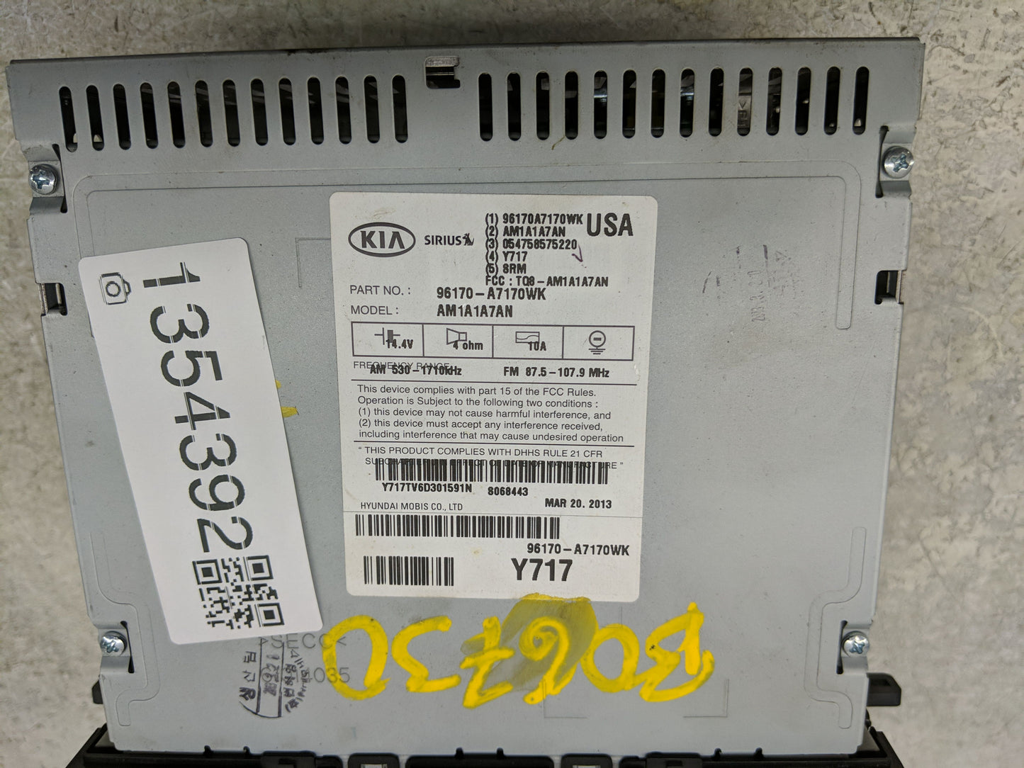2014-2016 Kia Forte Radio AM FM Cd Player Receiver Replacement P/N:96170-A7170WK Fits Fits 2014 2015 2016 OEM Used Auto Part