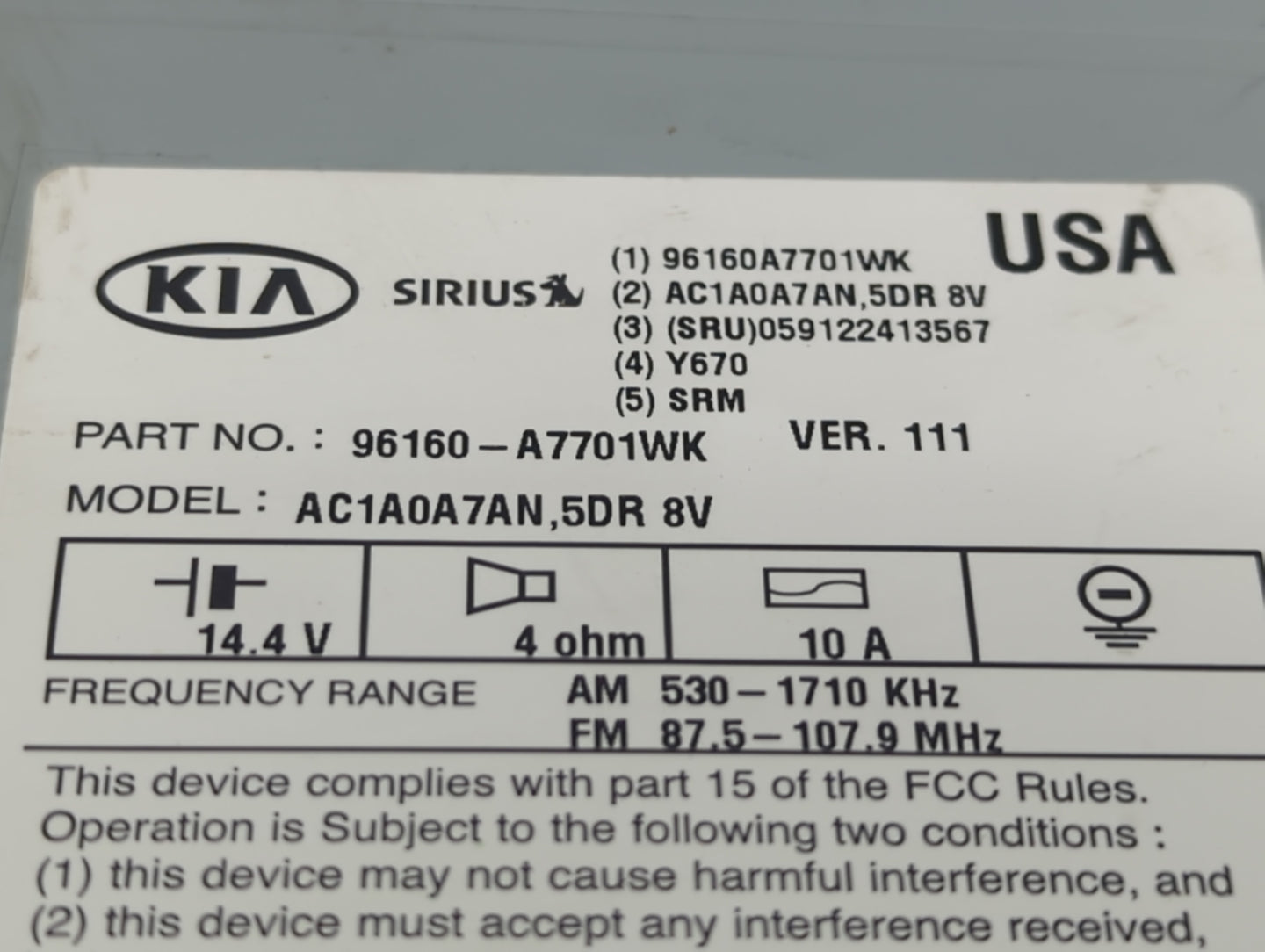 2014-2016 Kia Forte Radio AM FM Cd Player Receiver Replacement P/N:96160-A7701WK Fits Fits 2014 2015 2016 OEM Used Auto Part