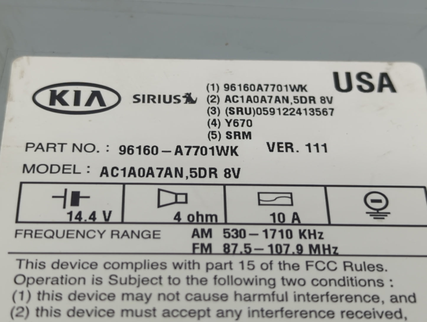 2014-2016 Kia Forte Radio AM FM Cd Player Receiver Replacement P/N:96160-A7701WK Fits Fits 2014 2015 2016 OEM Used Auto Part