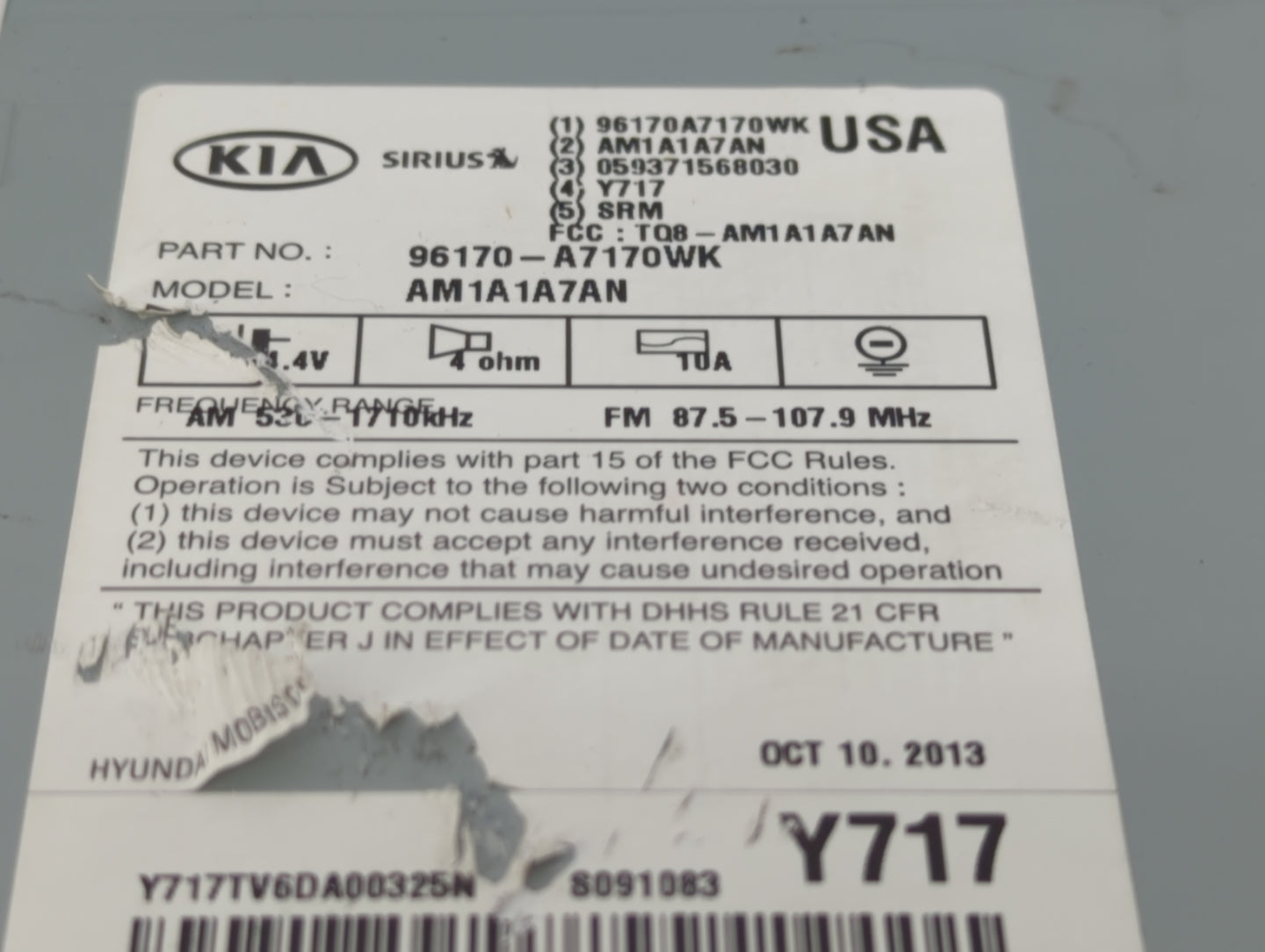 2014-2016 Kia Forte Radio AM FM Cd Player Receiver Replacement P/N:96170-A7170WK Fits Fits 2014 2015 2016 OEM Used Auto Part