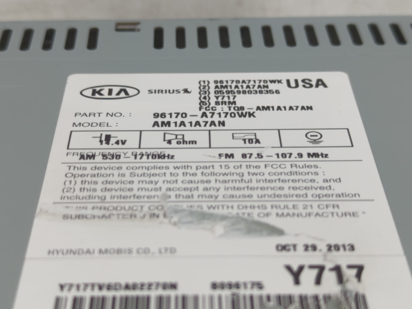 2014 Kia Forte Radio AM FM Cd Player Receiver Replacement P/N:96170-A7170WK Fits OEM Used Auto Parts - Oemusedautoparts1.com