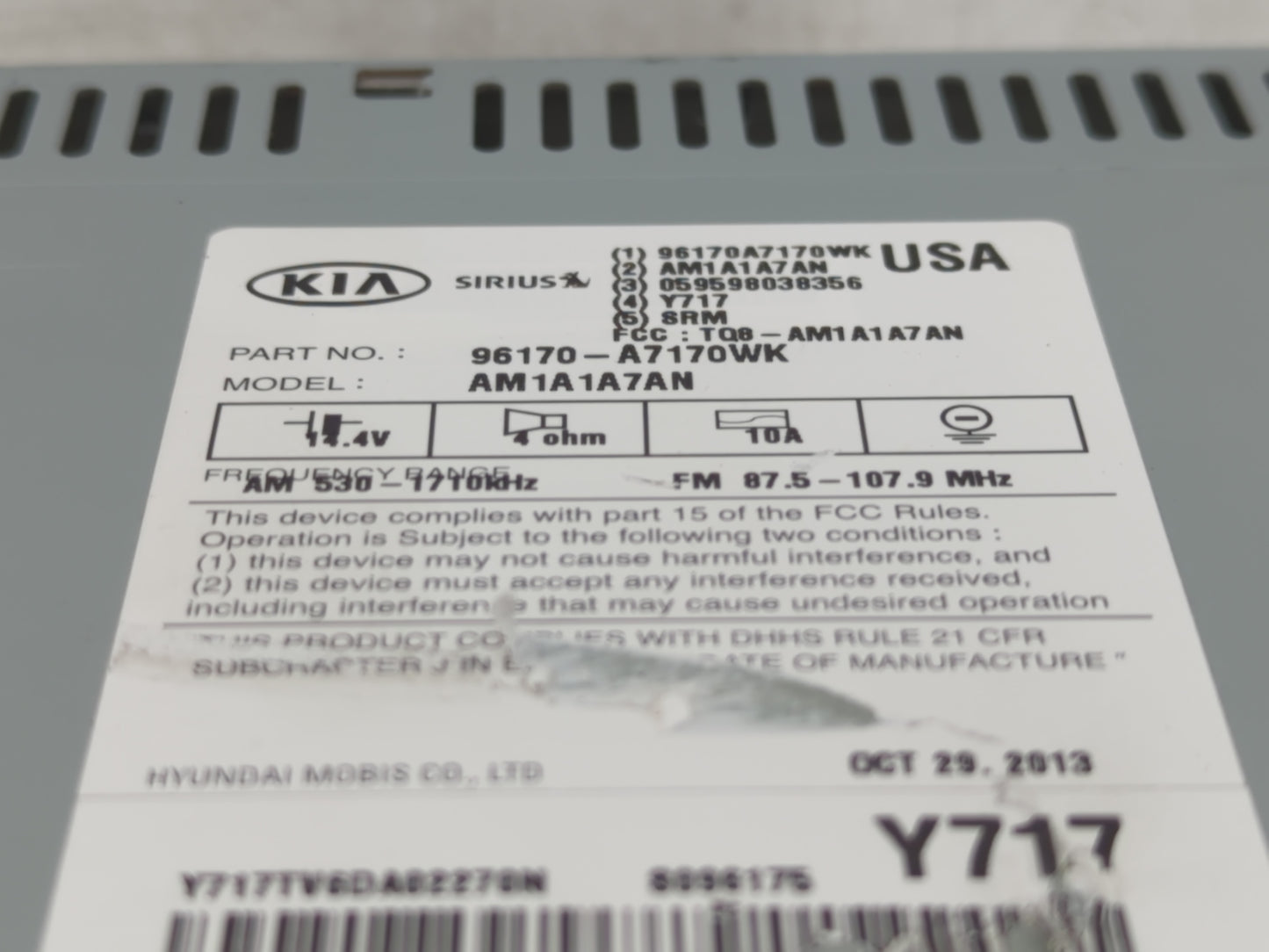 2014 Kia Forte Radio AM FM Cd Player Receiver Replacement P/N:96170-A7170WK Fits OEM Used Auto Parts - Oemusedautoparts1.com
