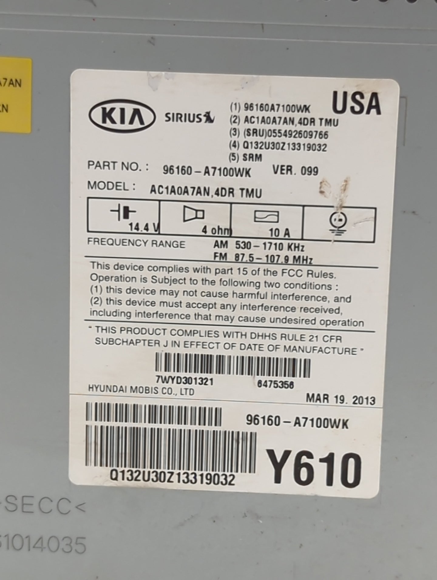 2014-2016 Kia Forte Radio AM FM Cd Player Receiver Replacement P/N:96160-A7100WK AC1A0A7AN Fits Fits 2014 2015 2016 OEM Used
