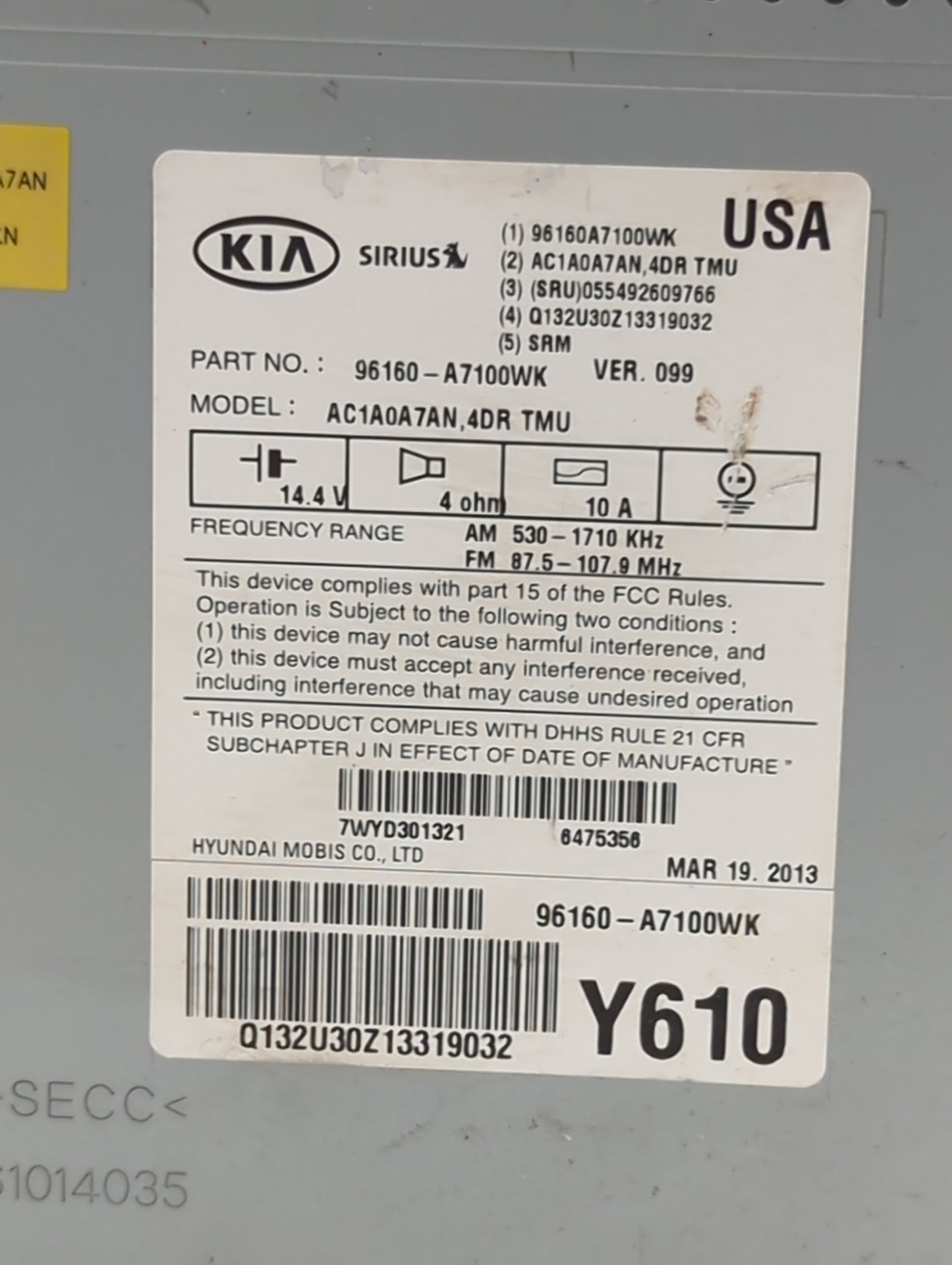 2014-2016 Kia Forte Radio AM FM Cd Player Receiver Replacement P/N:96160-A7100WK AC1A0A7AN Fits Fits 2014 2015 2016 OEM Used