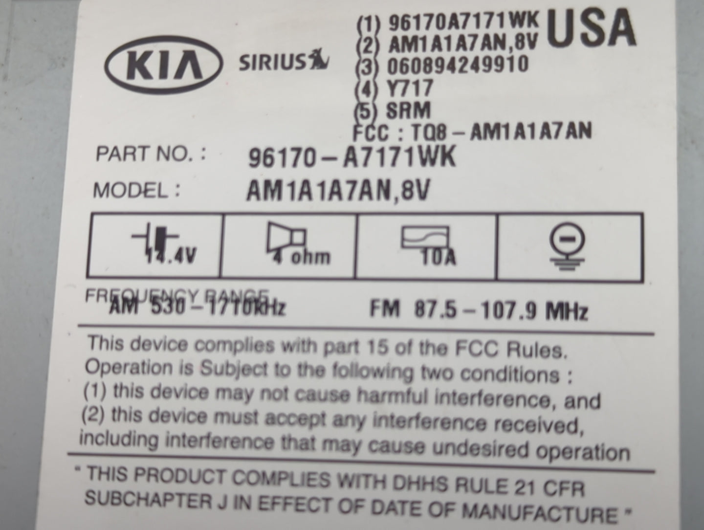 2014-2016 Kia Forte Radio AM FM Cd Player Receiver Replacement P/N:96170-A7171WK 96170A7171WK Fits Fits 2014 2015 2016 OEM U