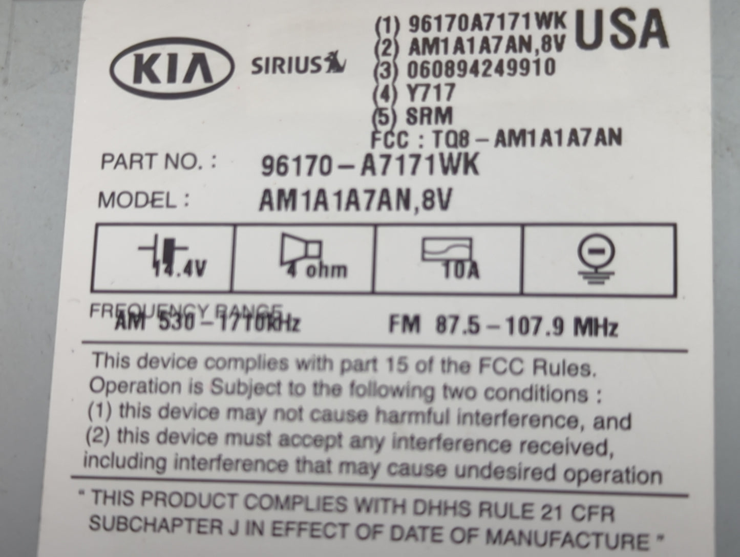 2014-2016 Kia Forte Radio AM FM Cd Player Receiver Replacement P/N:96170-A7171WK 96170A7171WK Fits Fits 2014 2015 2016 OEM U