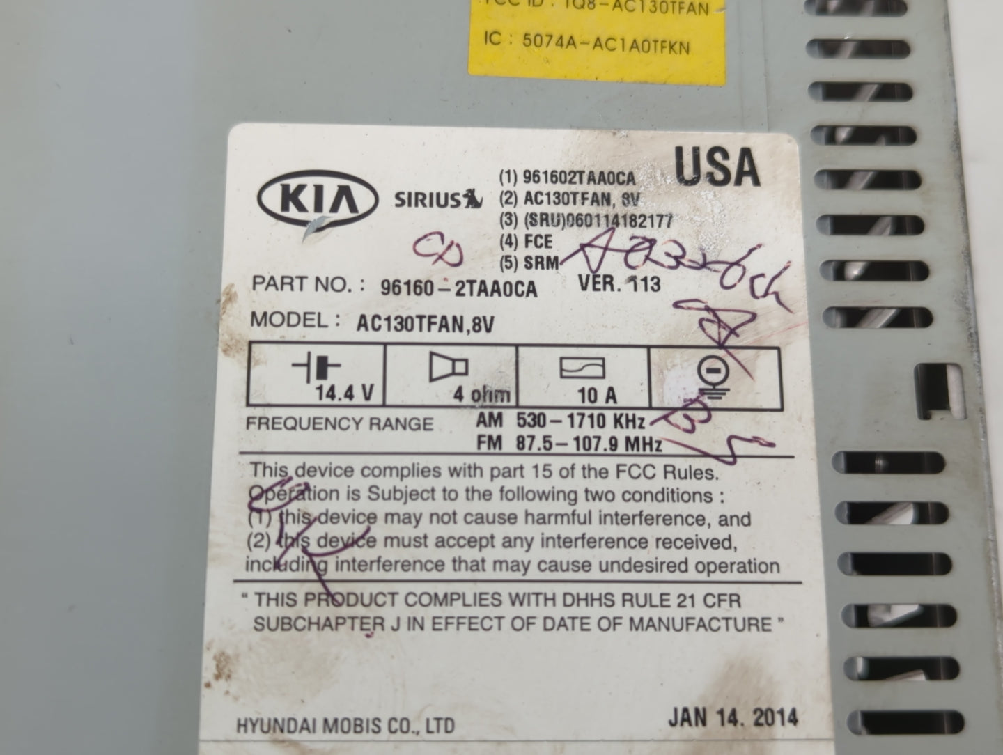 2014 Kia Optima Radio AM FM Cd Player Receiver Replacement P/N:96160-2TAA0CA Fits OEM Used Auto Parts - Oemusedautoparts1.co