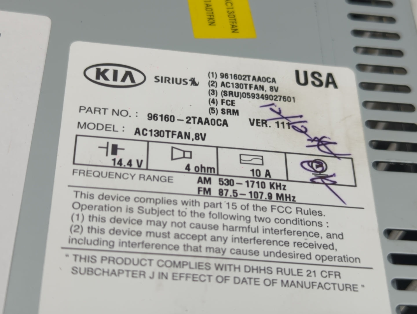 2014 Kia Optima Radio AM FM Cd Player Receiver Replacement P/N:96160-2TAA0CA Fits OEM Used Auto Parts - Oemusedautoparts1.co