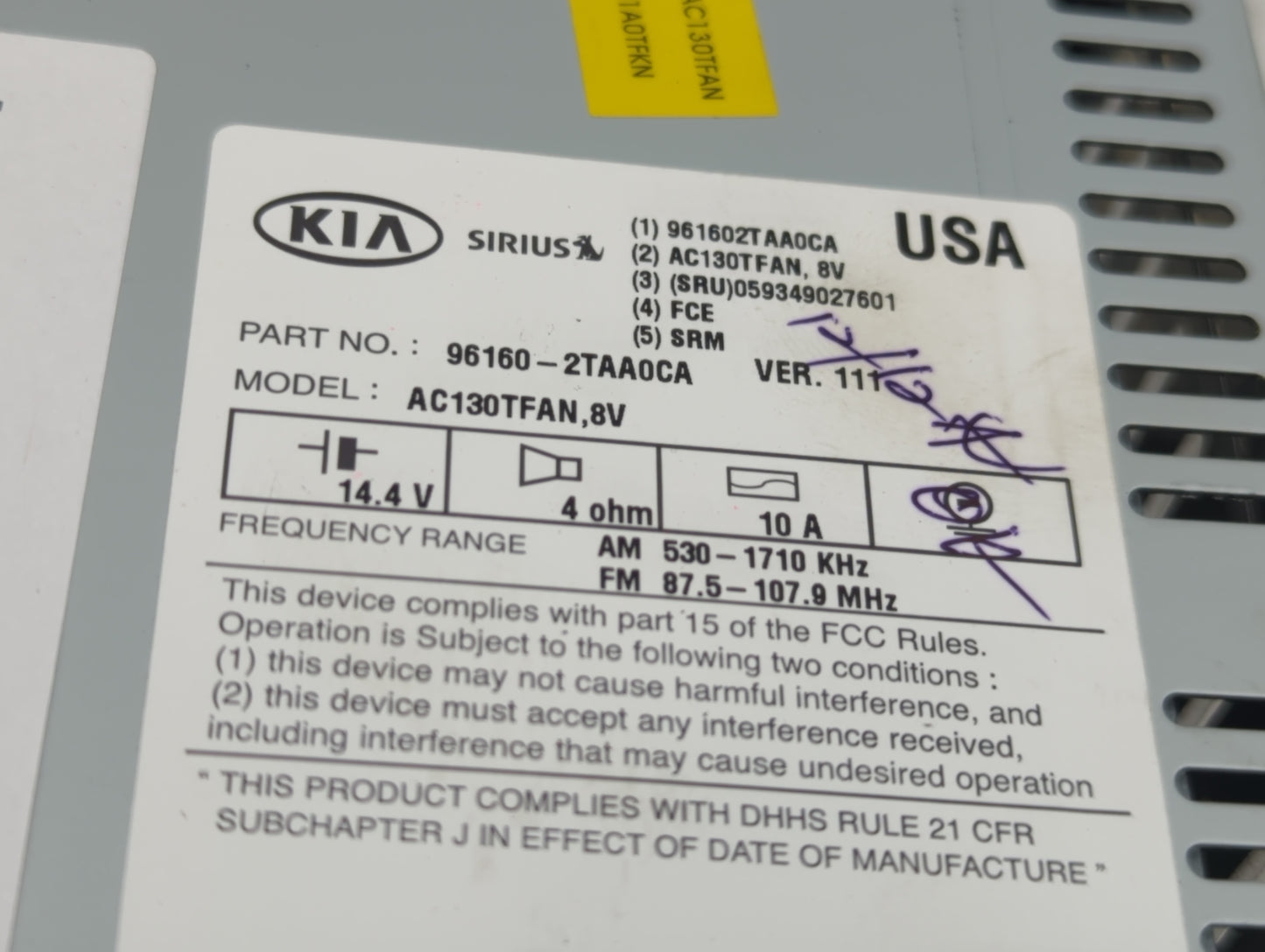2014 Kia Optima Radio AM FM Cd Player Receiver Replacement P/N:96160-2TAA0CA Fits OEM Used Auto Parts - Oemusedautoparts1.co