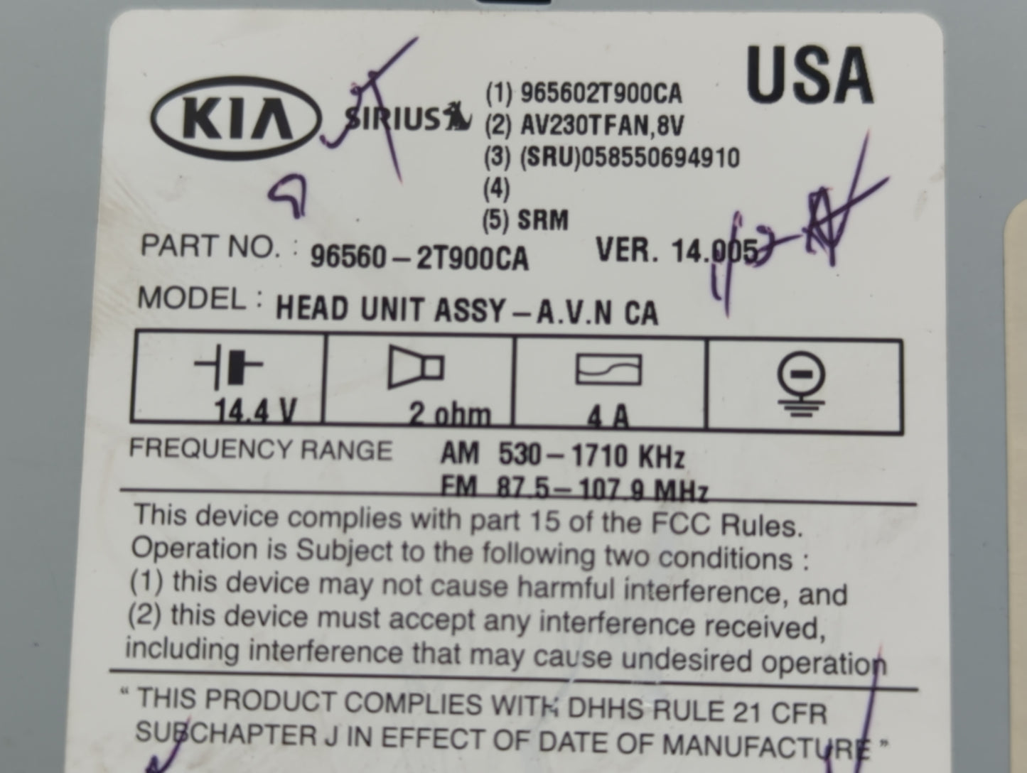 2014-2015 Kia Optima Radio AM FM Cd Player Receiver Replacement P/N:96560-2T900CA Fits Fits 2014 2015 OEM Used Auto Parts - 