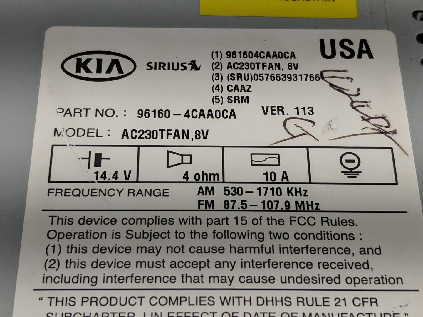 2014-2015 Kia Optima Radio AM FM Cd Player Receiver Replacement P/N:96160-4CAA0CA 96170-2TBA0CA Fits Fits 2014 2015 OEM Used